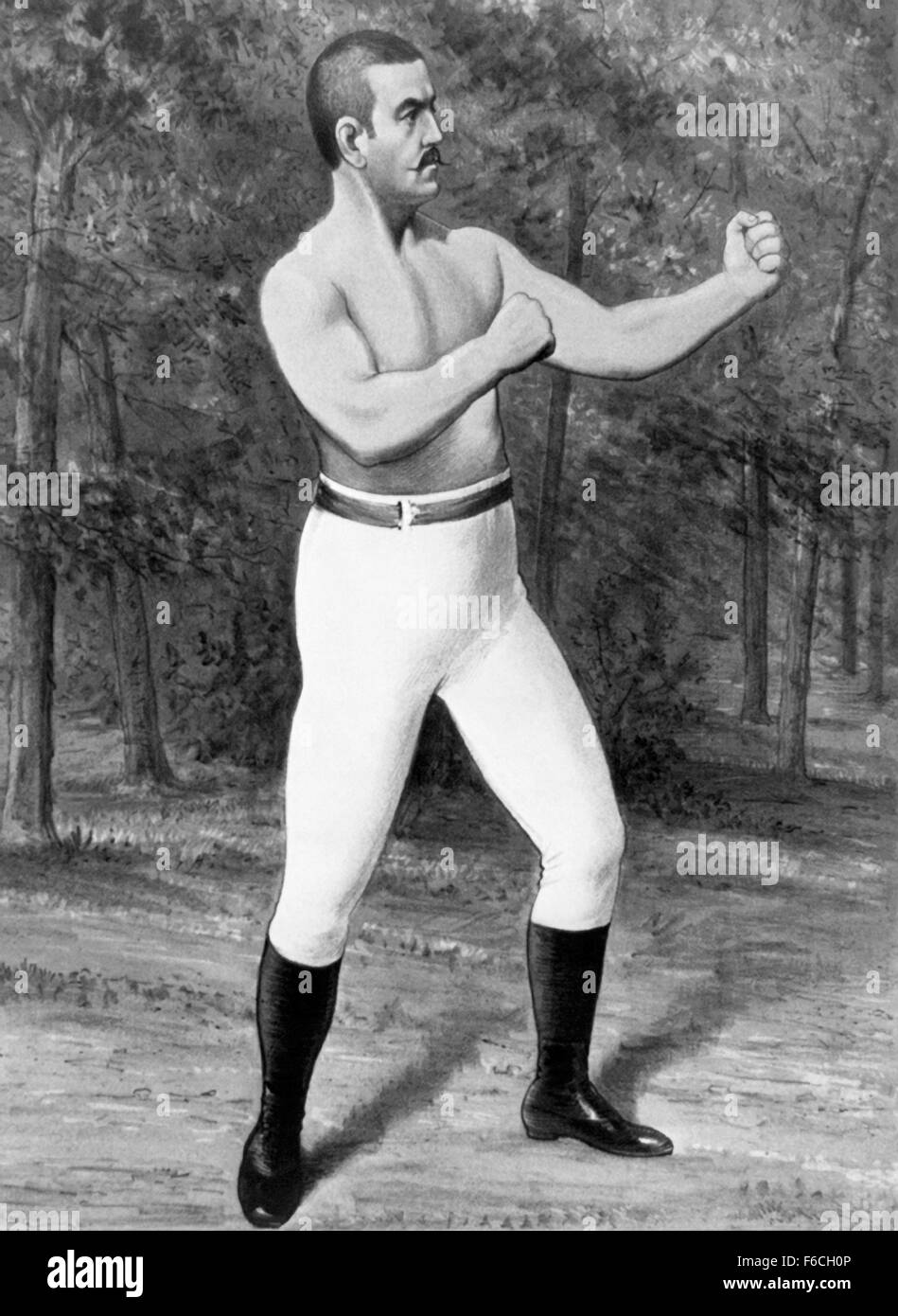 Vintage Porträt Drucken des legendären amerikanischen bloßen Fäusten und behandschuhten Boxer John L Sullivan (1858-1918). Sullivan, den Spitznamen "The Boston Strong Boy", gilt als der letzte bloßen Fäusten Weltmeister im Schwergewicht nach London Prize Ring Regeln und der erste behandschuhte Schwergewichts-Weltmeister unter Marquess of Queensberry Rules. Er beherrscht die Box-Szene in den 1880er Jahren und war Amerikas erste sportliche Superstar. Seine Herrschaft als König der Schwergewichte kam zu einem Ende, als er zu James J Corbett im Jahr 1892 in einem behandschuhten Kampf unter Queensberry-Regeln gekämpft verlor. Stockfoto