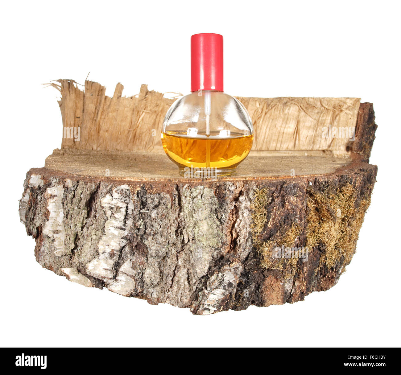 Parfüm-Flaschen mit rotem Einband auf ein Stück Birke Stamm isoliert auf weißem Hintergrund. Stockfoto