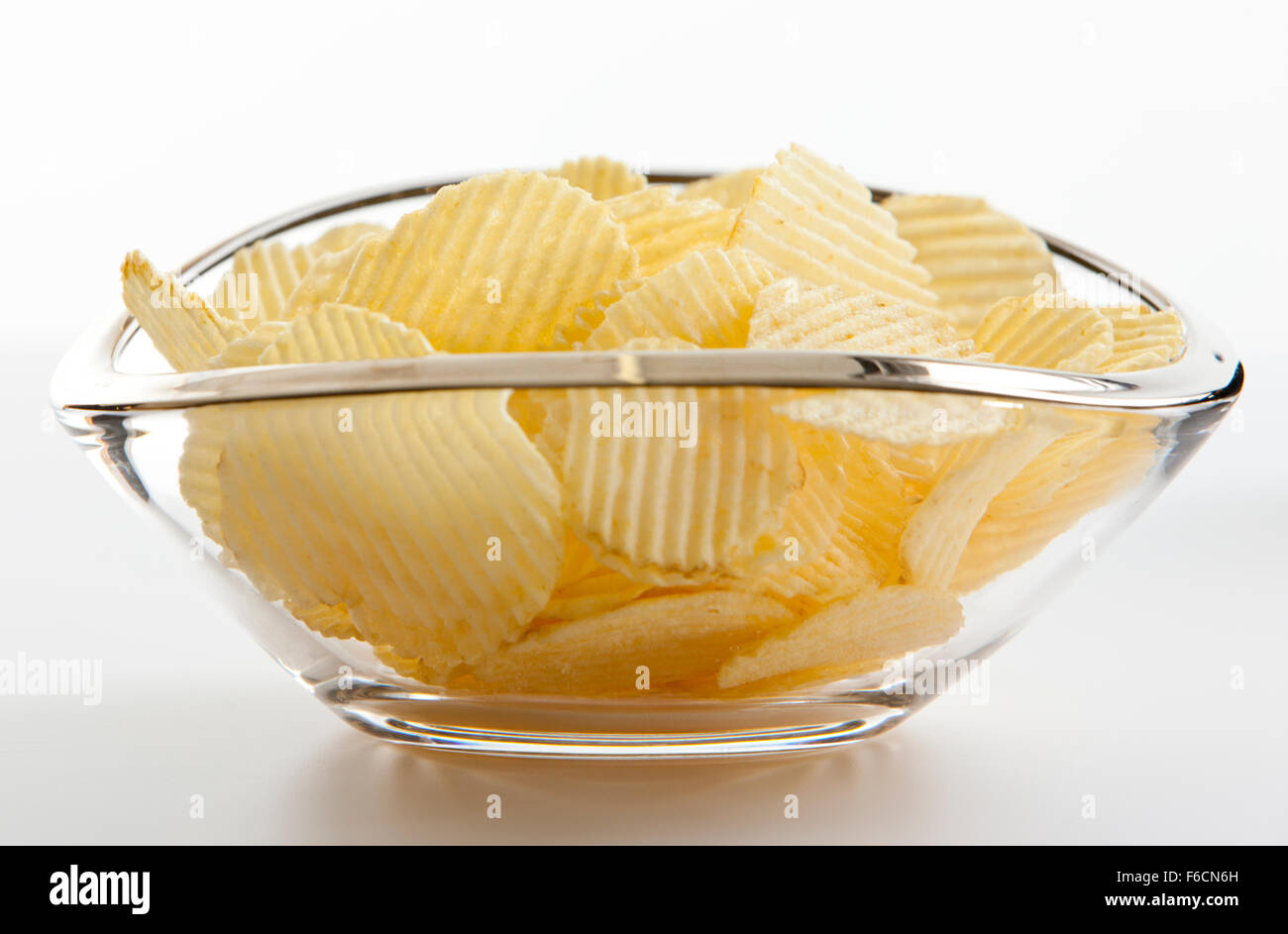 geriffelte Kartoffelchips in Glasschüssel auf weißem Hintergrund jedoch unscharf Stockfoto