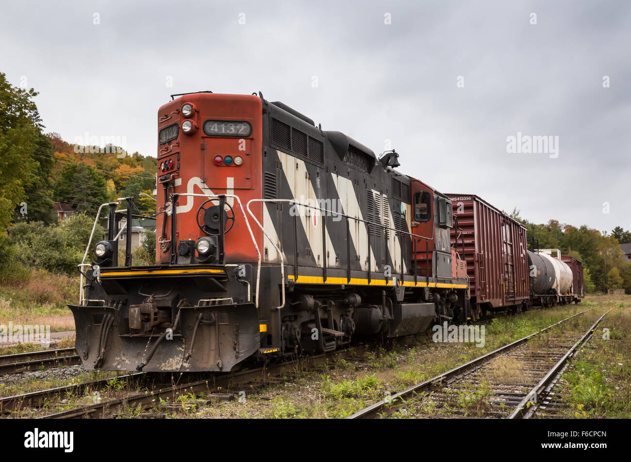 Kanadische nationale GP9 Lokomotive lange Nase vorwärts durchlaufen Ontario Huntsville an einem bewölkten Oktobertag. Stockfoto