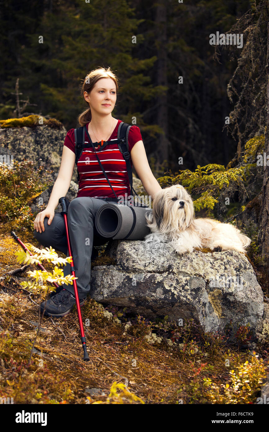 Junge Frau Touristen sitzen auf Stein mit Hund im herbstlichen Wald. Stockfoto