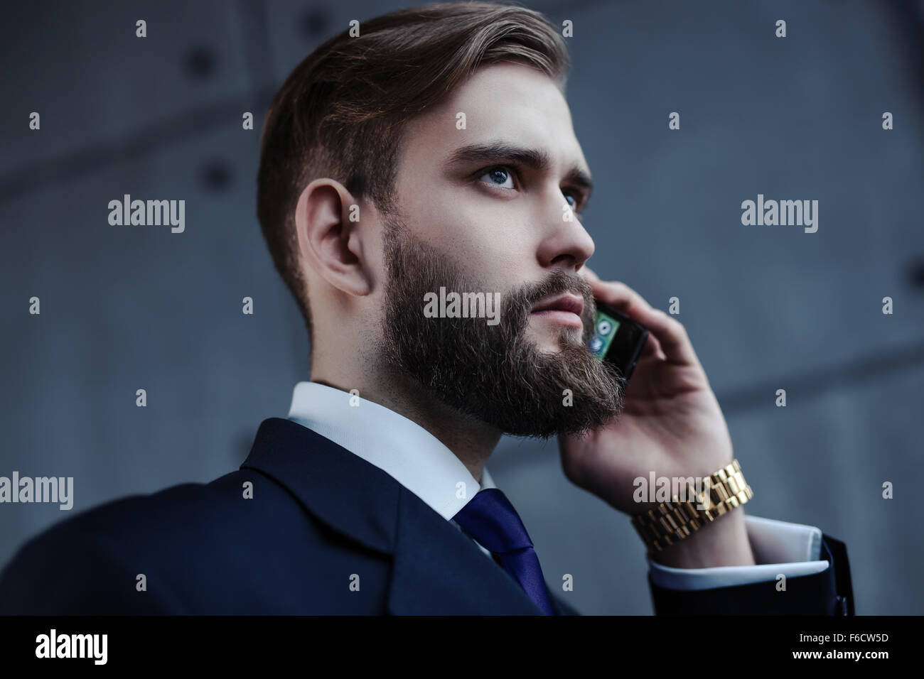 Gut aussehend Jungunternehmer mit Bart am Telefon Porträt sprechen. Stockfoto