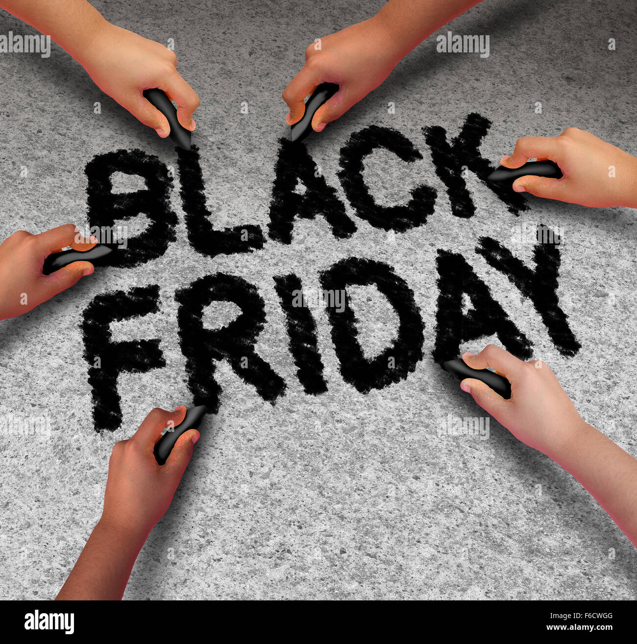 Schwarzer Freitag Förderung Gemeinschaft Verkaufsschild als Text geschrieben von einer Gruppe von Menschen mit schwarzer Kreide zu feiern, dass Ferienzeit einkaufen zu günstigen Preisen an den Einzelhandelsgeschäften bietet günstige Kaufgelegenheiten. Stockfoto