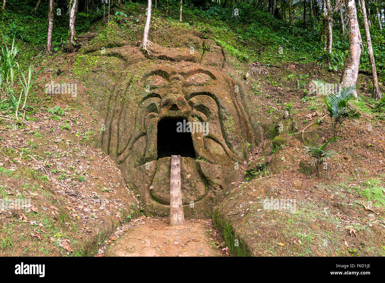 Nahaufnahme von einen alten zerstörten Pre Columbian Inka Tempel abgedeckt mit Vegetation Stockfoto