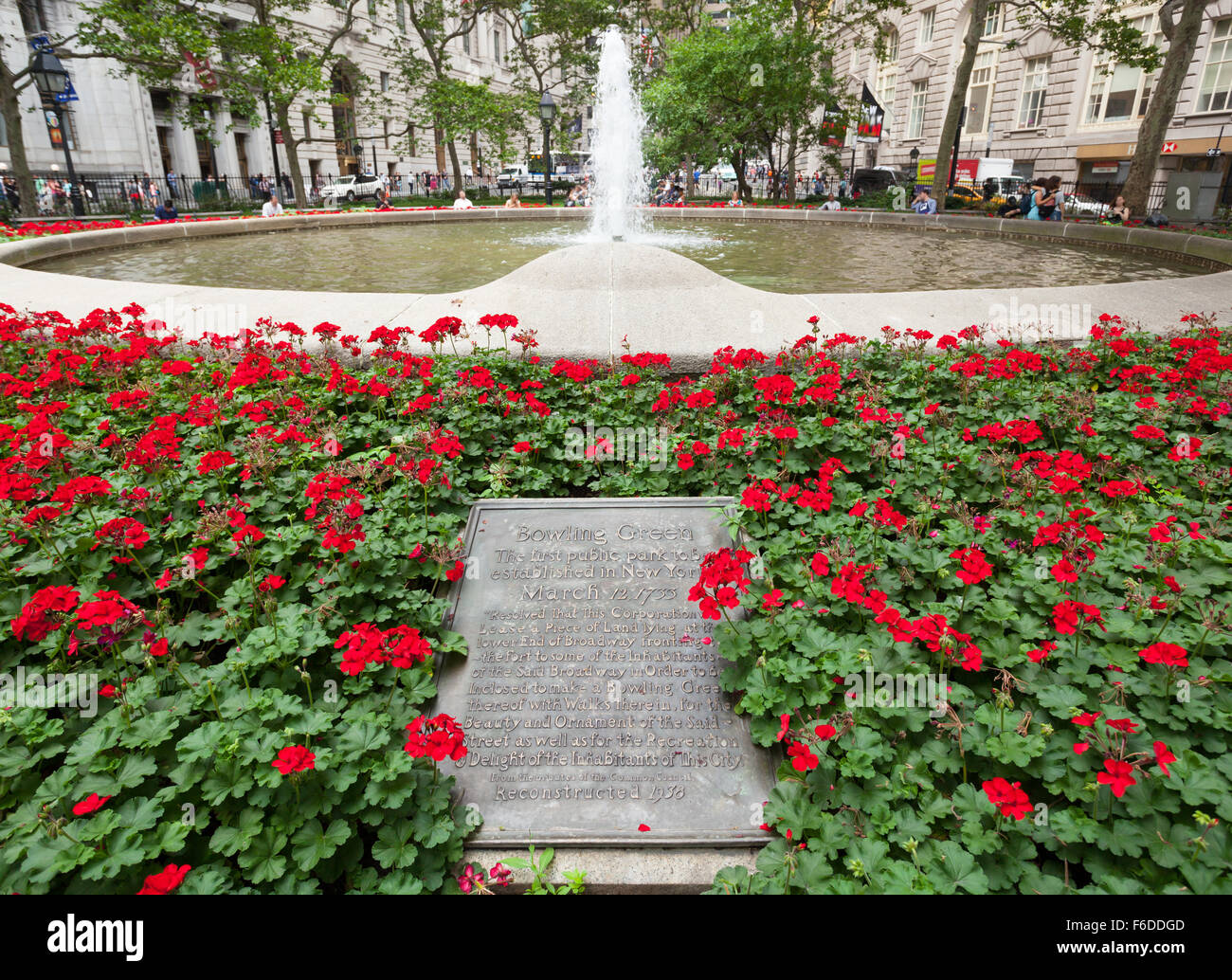 Brunnen im Bowling Green Park in Lower Manhattan, New York City. Stockfoto