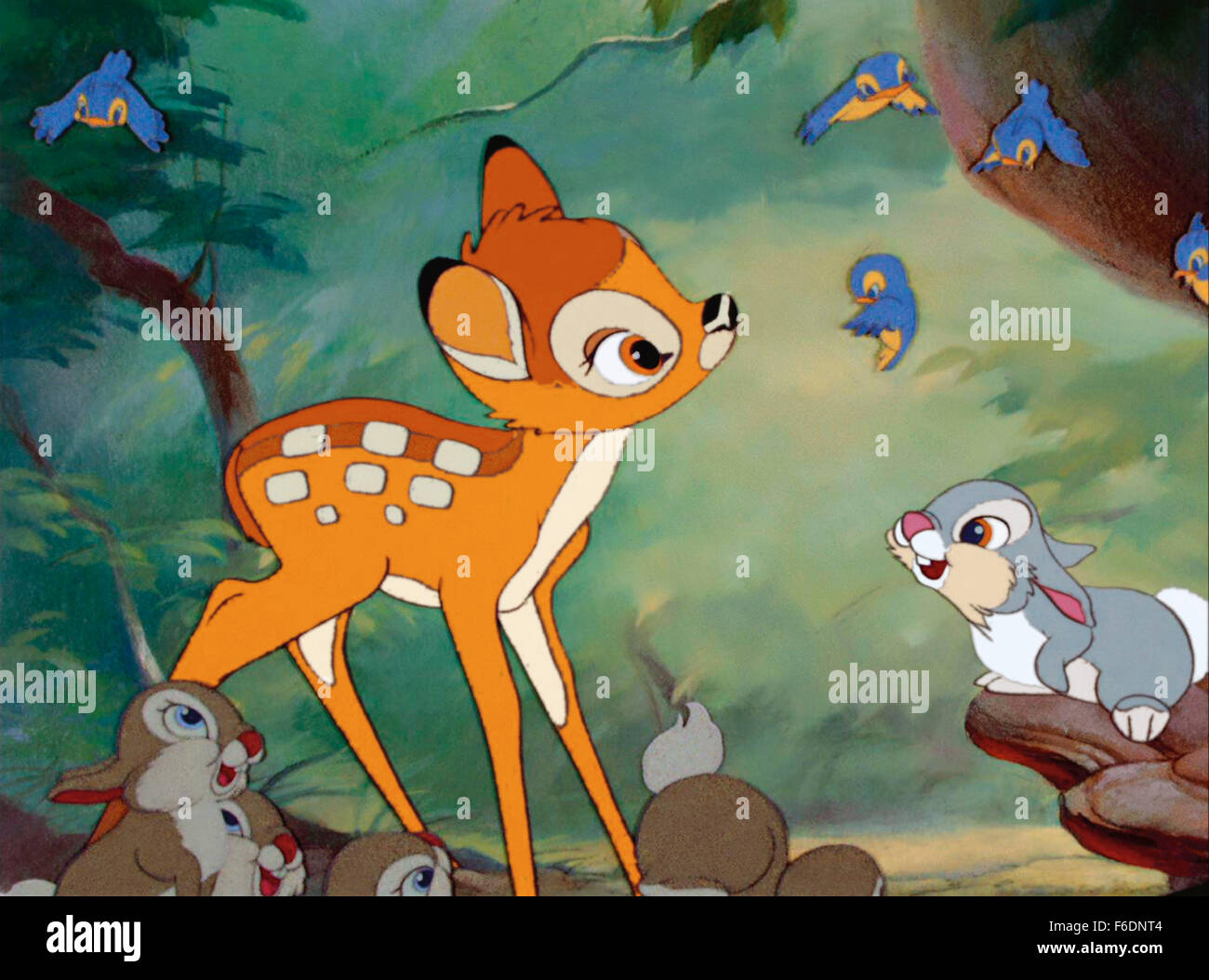 Datum der Freigabe: 21. August 1942. FILMTITEL: Bambi. STUDIO: Walt Disney-Produktionen. PLOT: Die animierte Geschichte von Bambi, ein junges Reh als "Prinz des Waldes" bei seiner Geburt gefeiert. Mit zunehmender Bambi er freundet sich mit den anderen Tieren des Waldes, lernt die Fähigkeiten zum Überleben brauchten, und sogar Funde lieben. Eines Tages jedoch die Jäger kommen, und Bambi muss lernen, so mutig wie sein Vater sein, wenn er die anderen Hirsche in Sicherheit zu bringen. IM BILD:. Stockfoto