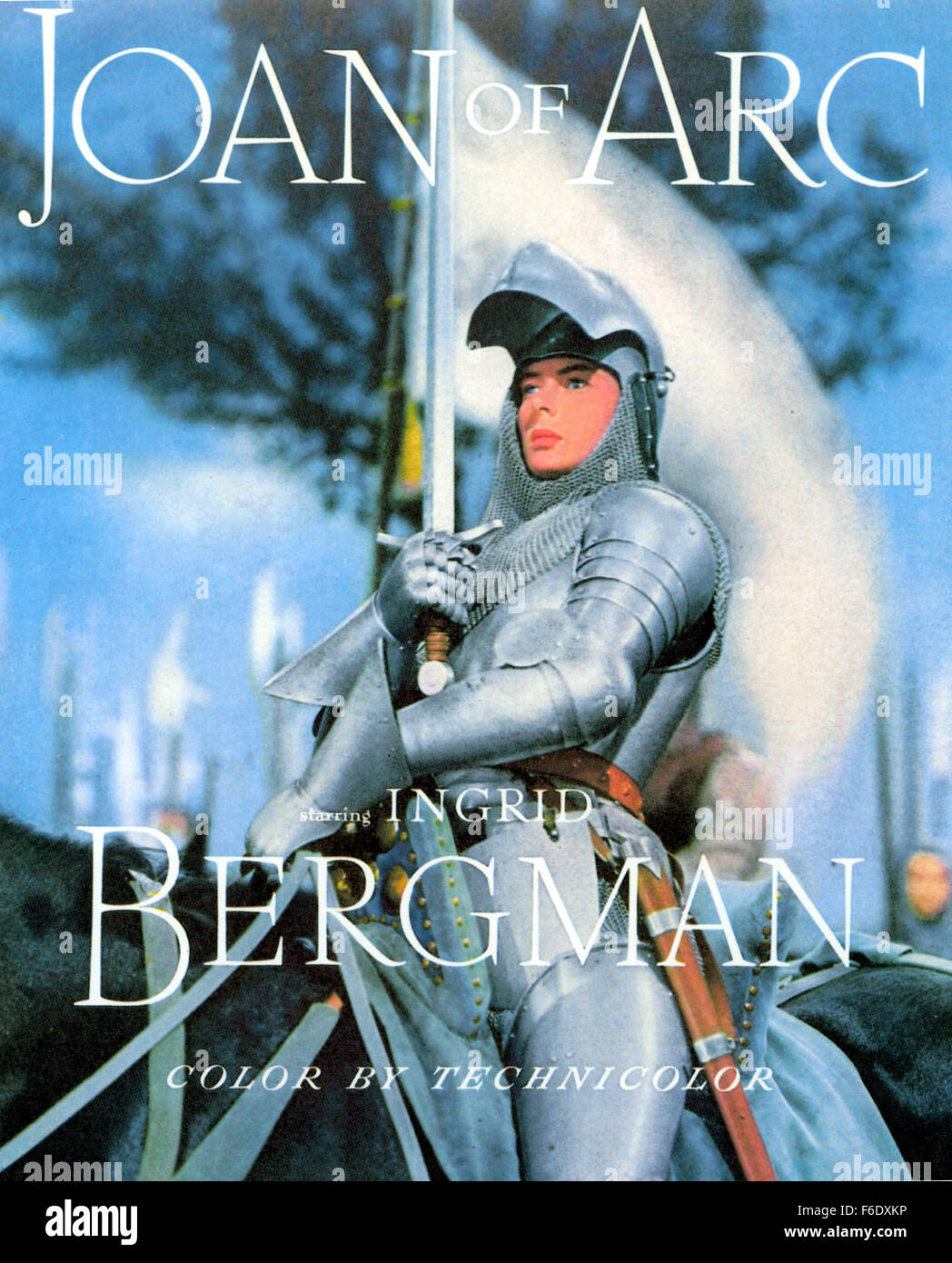 Datum der Freigabe: 22. Dezember 1948. FILMTITEL: Jeanne d ' Arc. STUDIO: Sierra Bilder (II). PLOT: Im fünfzehnten Jahrhundert ist Frankreich besiegt und zerstörten Nation nach einem hundertjährigen Krieg gegen England. Die vierzehn Jahre alt behauptet Bauernmädchen Jeanne d ' Arc, Stimmen vom Himmel bittet, Gottes Armee gegen Orleans führen und Krönung der schwachen Dauphin Karl VII. als König von Frankreich zu hören. Joan sammelt die Menschen mit ihrem Glauben, eine Armee und Eroberer Orleans bildet. Wenn ihre Armee zum Angriff Paris bereit ist, die korrupte Charles seines Landes nach England verkauft und die Armee zu entlassen. Joan verhaftet Stockfoto