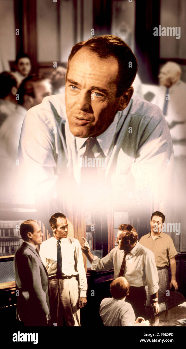 Erscheinungsdatum: 29. Juli 1957. FILMTITEL: 12 Angry Men. STUDIO: Orion-Nova Productions. PLOT: Die Verteidigung und die Verfolgung ausgeruht haben und die Jury ist die Einreichung in den Jury-Raum zu entscheiden, ob ein Junge spanisch-amerikanischen schuldig oder unschuldig des Mordes an seinem Vater ist. Was beginnt wie ein Fall von Mord bald ein Mini-Drama der einzelnen von Vorurteilen und vorgefassten Meinungen über die Studie, die Angeklagten und einander der Juroren wird. Basierend auf dem Theaterstück, die Action findet auf der Bühne des Jury-Raumes. Im Bild: HENRY FONDA als Juror Stockfoto