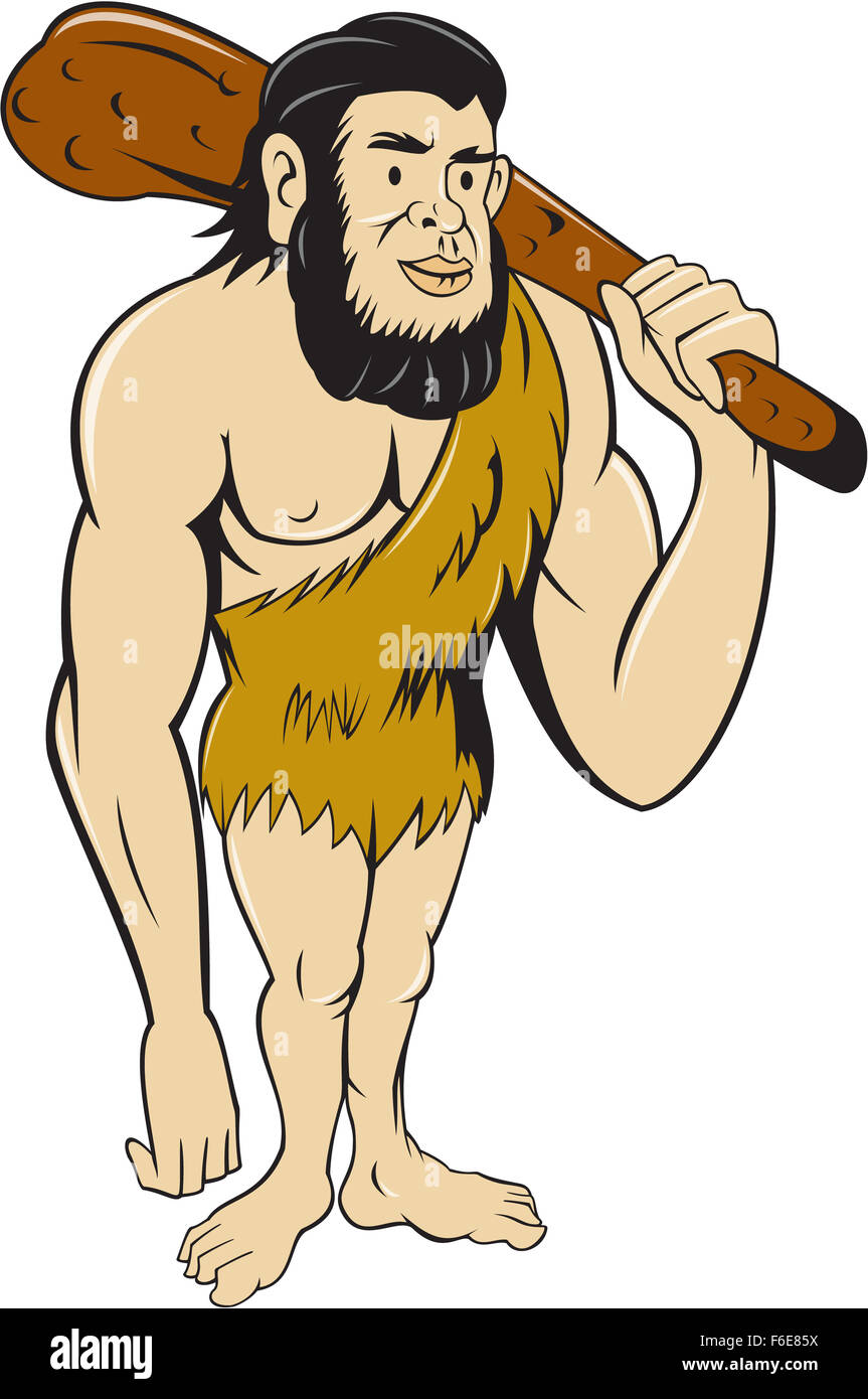 Abbildung eines Höhlenmenschen oder Neandertaler stehenden hält einen Club nach vorne auf isolierten weißen Hintergrund im Cartoon-Stil gemacht. Stockfoto