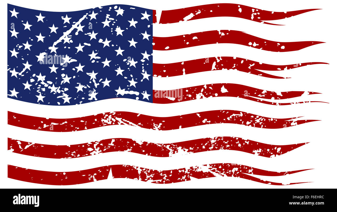 Ein Riss und zerrissene amerikanische Flagge mit einem Grunge-Filter auf einem weißen Hintergrund isoliert Stockfoto