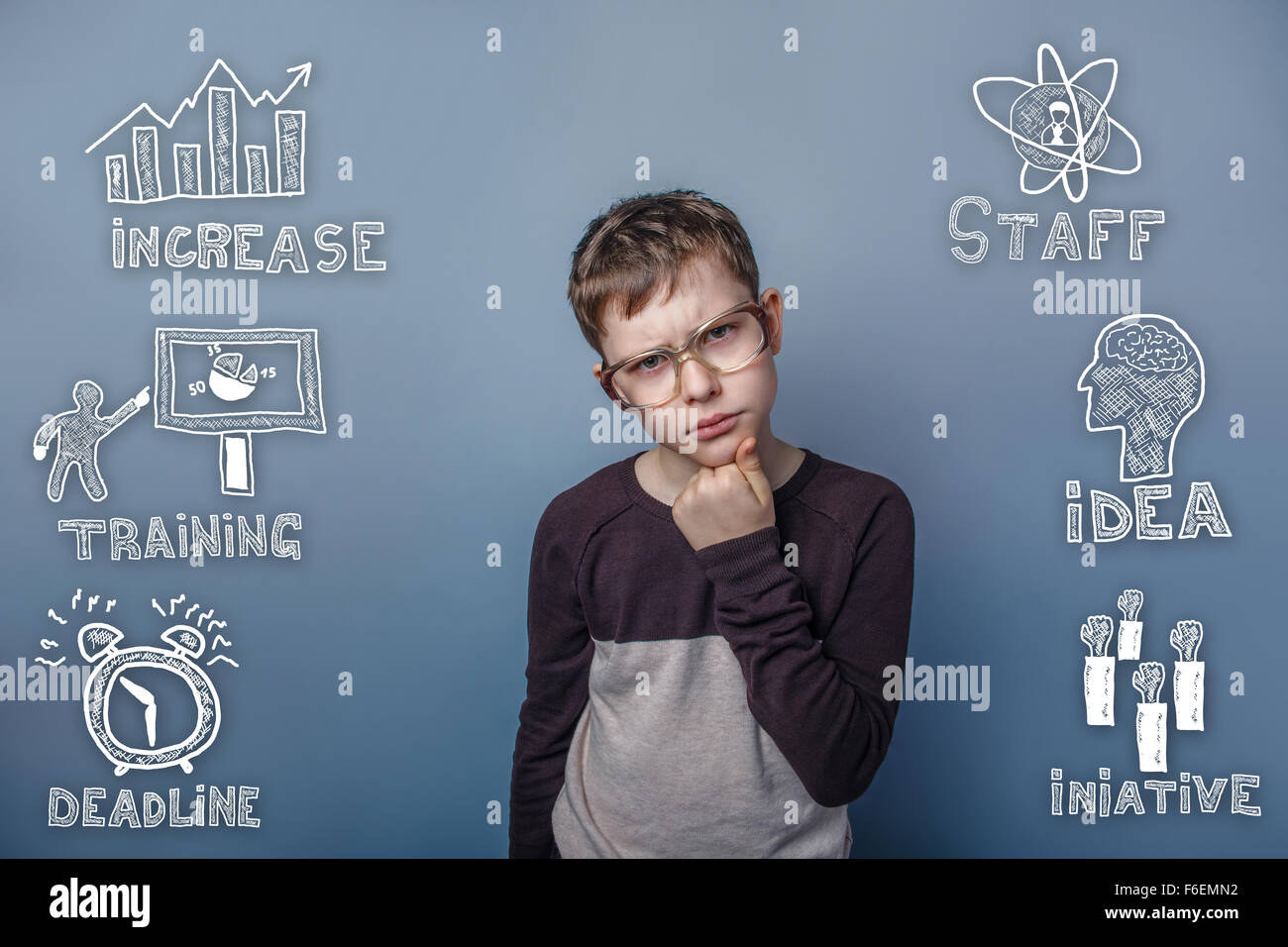 Teen Junge mit Brille nachdenklichen Porträt Skizze Icons Set busin Stockfoto