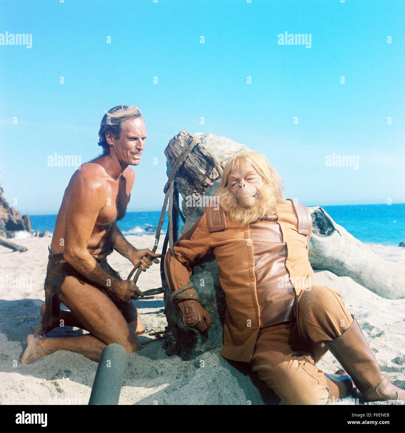 VERÖFFENTLICHT Datum: 8. Februar 1968. FILMTITEL: Planet der Affen. STUDIO: 20th Century Fox. PLOT: Taylor und zwei anderen Astronauten kommen aus dem tiefen Winterschlaf zu finden, dass ihr Schiff abgestürzt ist. Flucht mit wenig mehr als die Kleidung, die sie finden, dass sie auf einem Planeten gelandet wo sind Männer haben vor lingualen und unzivilisiert während Affen Rede und Technik gelernt. Taylor ist gefangen genommen und in die Stadt der Affen nach ihm die Kehle zu beschädigen, so dass er schweigt und nicht mit dem Affen kommunizieren. Bild: Schauspieler MAURICE EVANS stars wie Dr.Zaius und CHARLTON HESTON als George Taylor. Stockfoto