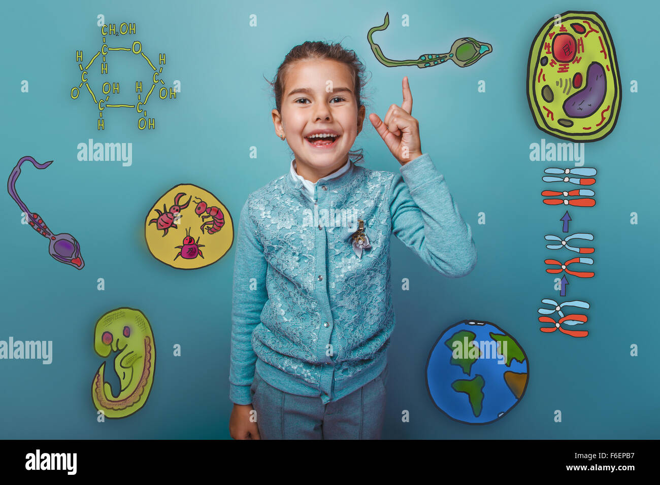 Mädchen lächelt und zeigt einen Finger auf Ikonen-Biologie-Ausbildung-forma Stockfoto