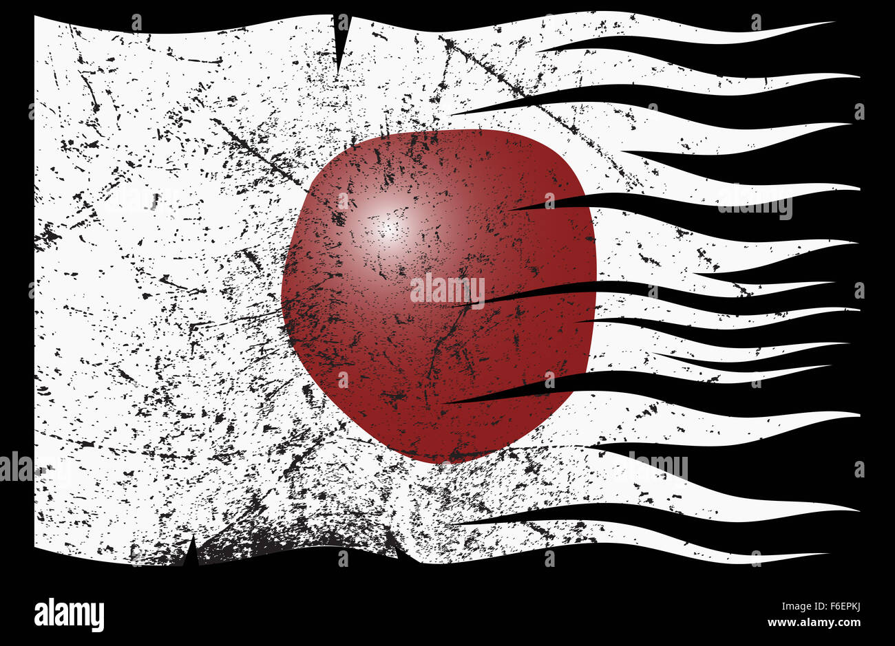 Ein wellig und grunged Japan Flaggendesign auf schwarzem Hintergrund isoliert Stockfoto