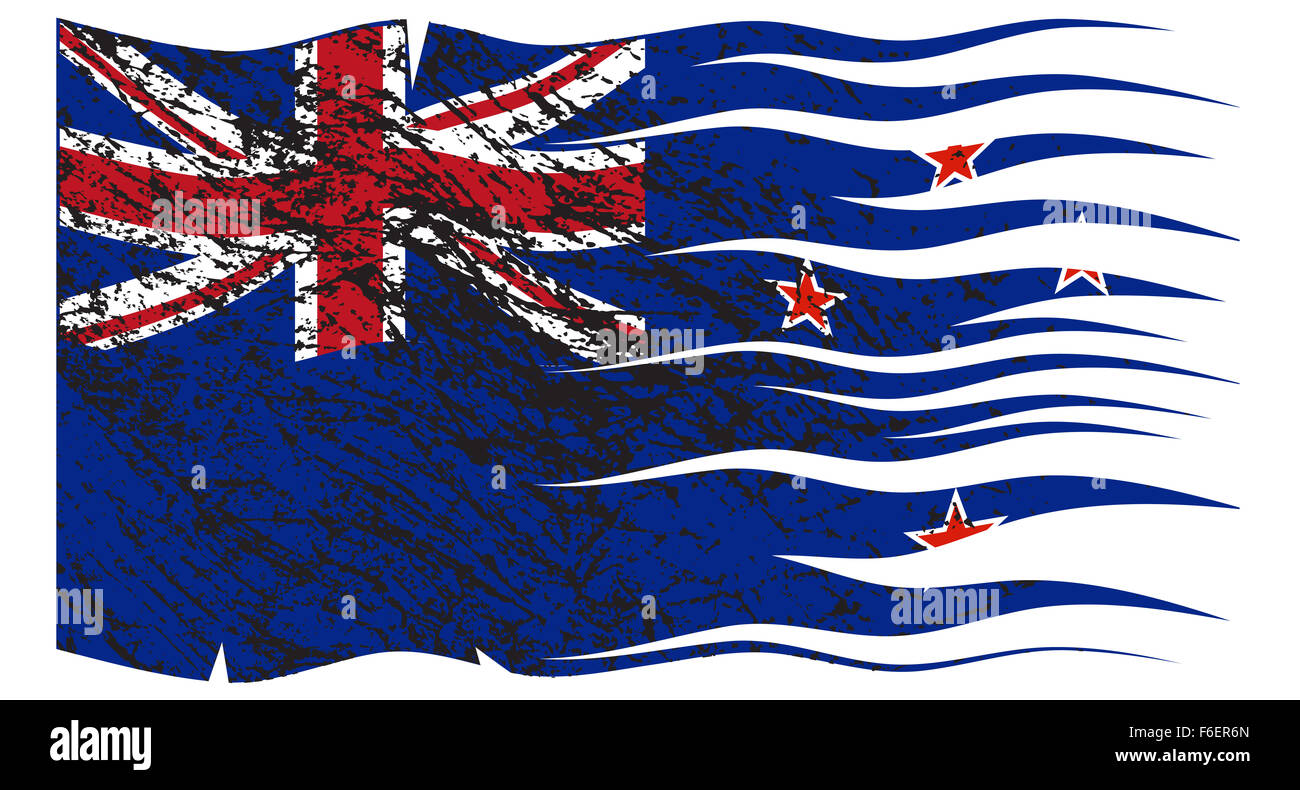 Ein wellig und grunged New Zealand Flaggendesign isoliert auf weißem Hintergrund Stockfoto