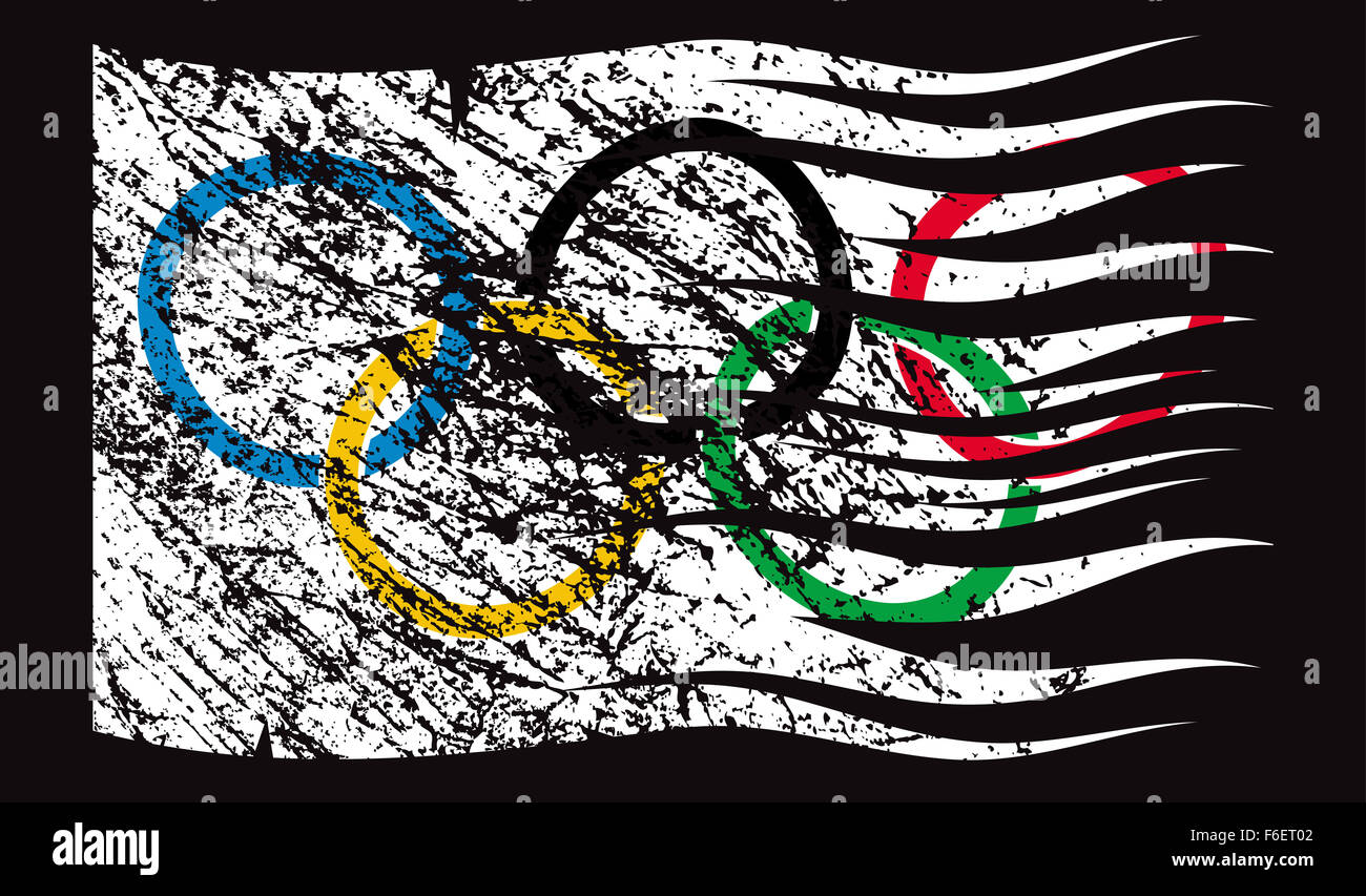 Ein wellig und grunged Olympischen Ringe Flaggendesign auf schwarzem Hintergrund isoliert Stockfoto