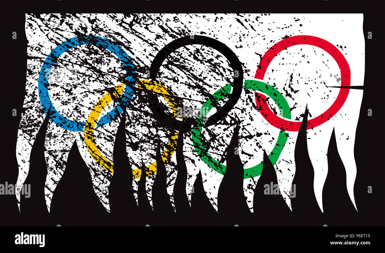 Ein Tatty und grunged Olympischen Ringe Flaggendesign auf schwarzem Hintergrund isoliert Stockfoto