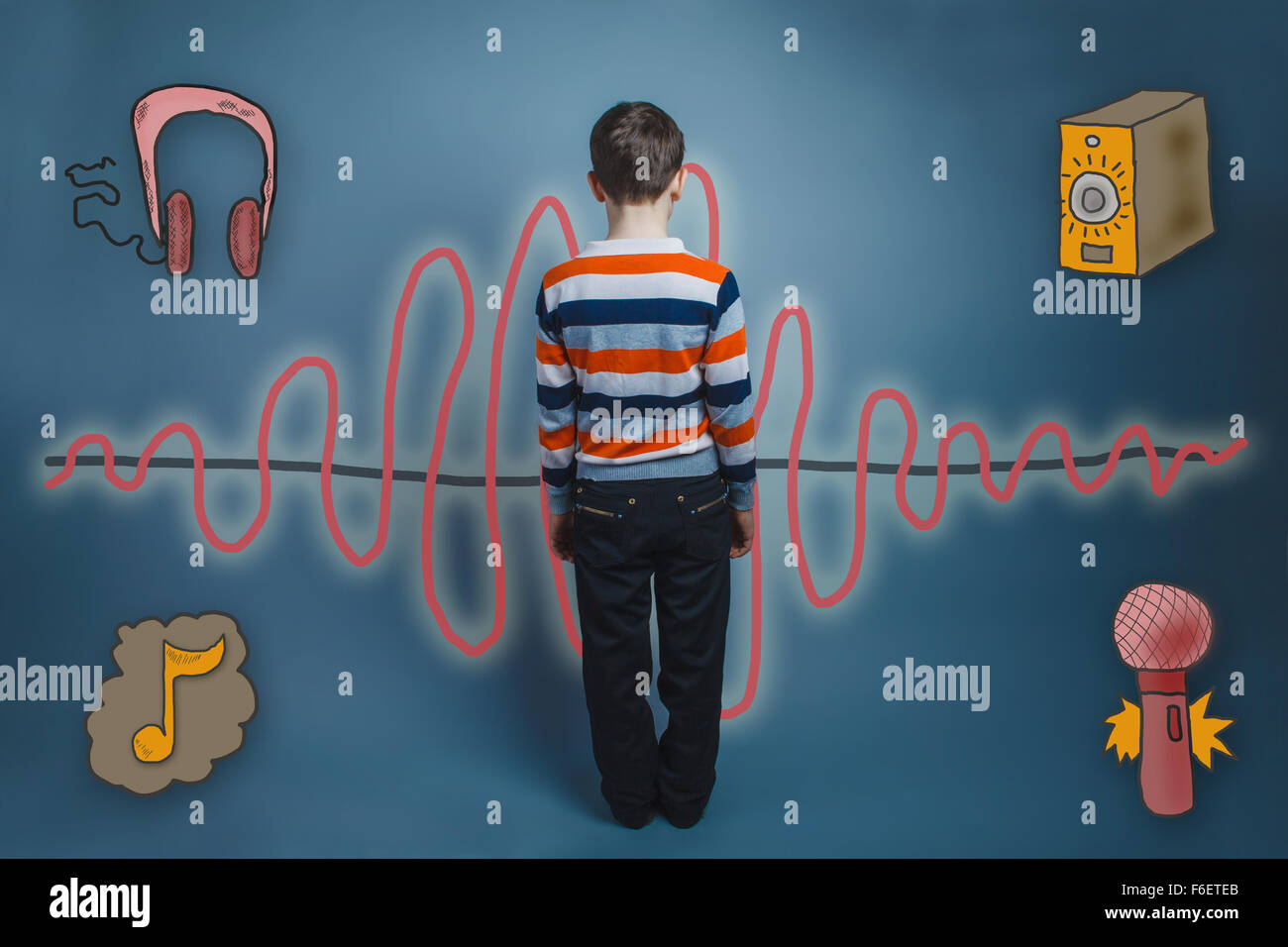 Teenager Boy drehte sich die Schallwelle Musik Radio Skizzensymbol Stockfoto