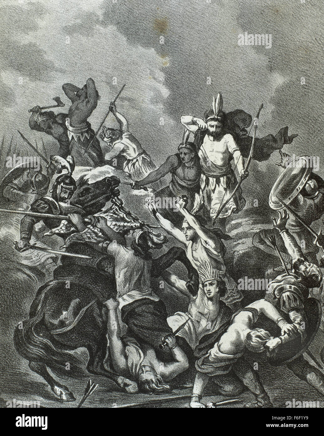 Spanische Eroberung des Aztekenreiches (1519-1521). Schlacht von Otumba, 1520. Kupferstich, 1875. Stockfoto