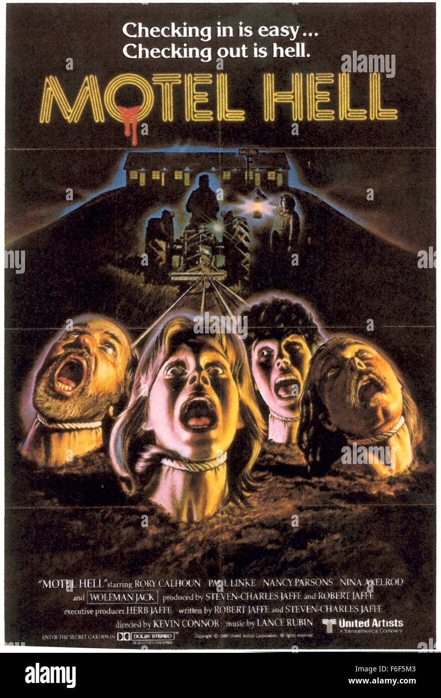 Datum der Freigabe: 18. Oktober 1980 Film Titel: Motel Hell STUDIO: MGM-Regisseur: Kevin Connor PLOT: Bauer Vincent ahnungslose Reisende entführt und in seinem Garten vergraben ist. Leider für seine Opfer sind sie nicht tot. Er füttert seine Opfer, um sie auf seinem Stand am Straßenrand vorzubereiten. Sein Motto lautet: es nimmt alle Arten von Lebewesen... Landwirt Vincents Krapfen machen. Der Film ist blutig, sondern ist auch eine Parodie auf Slasher Filme wie letzte Haus auf der linken Seite (Bild Kredit: C MGM/Entertainment Bilder) Stockfoto