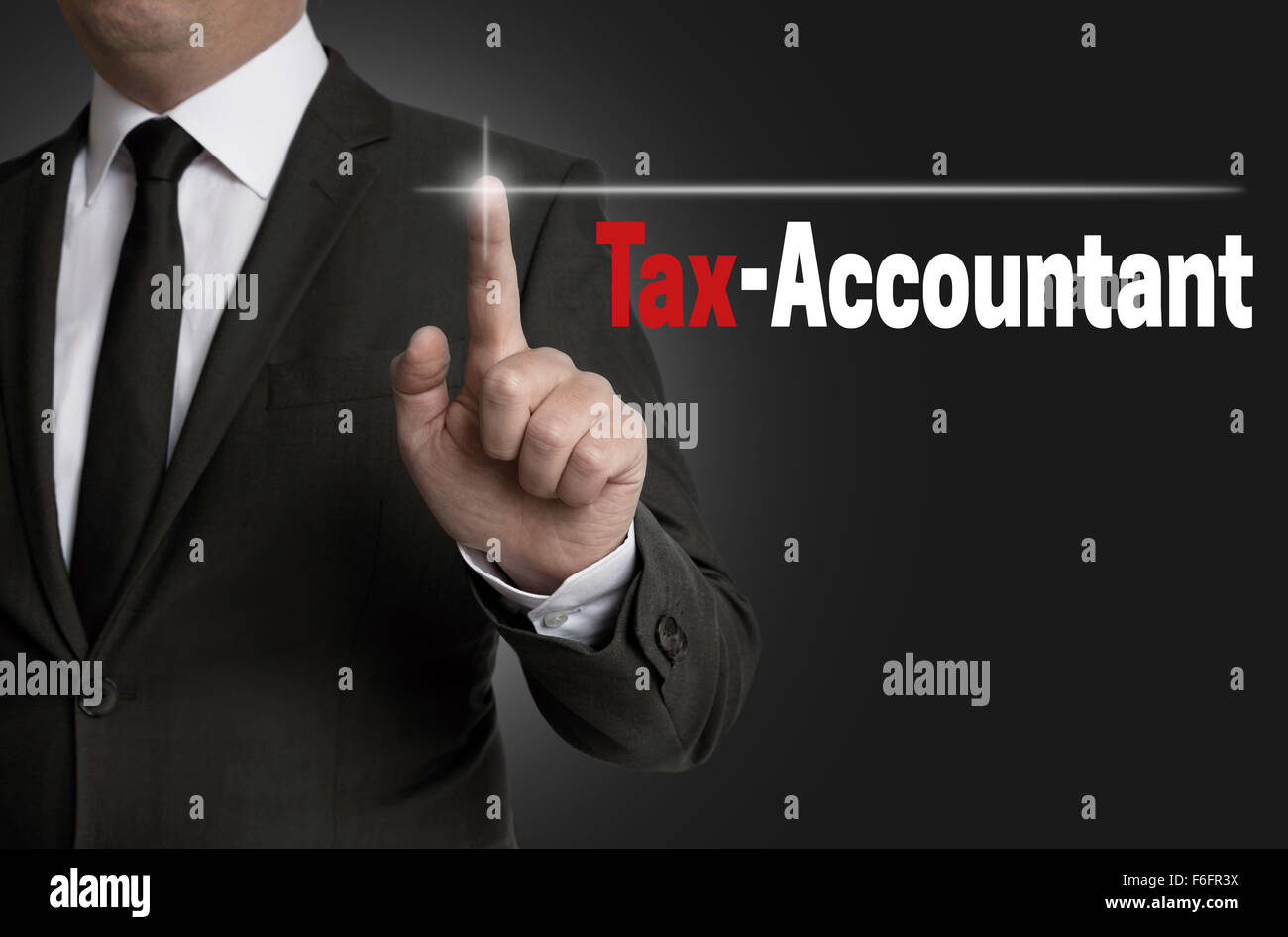 Tax Accountant Touchscreen gesteuert Geschäftsmann Konzept. Stockfoto