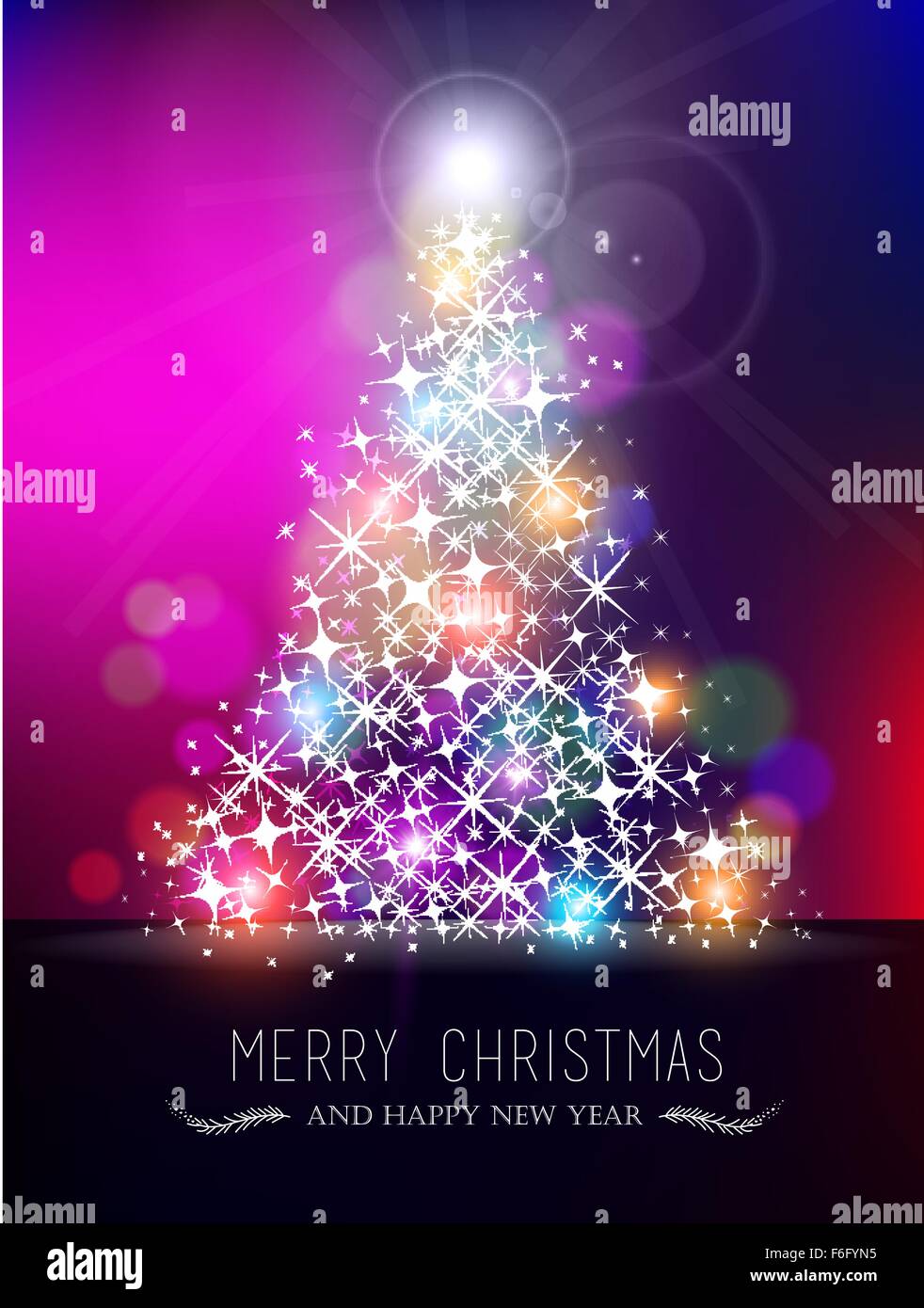 Frohe Weihnachten guten Rutsch Bokeh Stil Grußkarte Design. Xmas Kiefer Baumform mit funkeln Sterne gemacht und bunte verwischt Stock Vektor