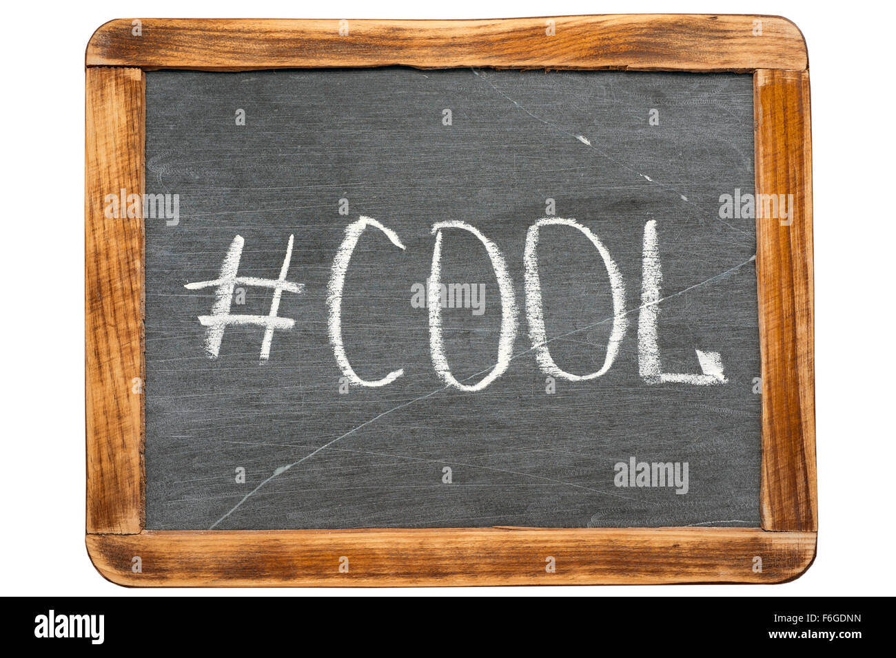 cool Hashtag handschriftlich auf Vintage Schiefer Schulbehörde isoliert auf weiss Stockfoto