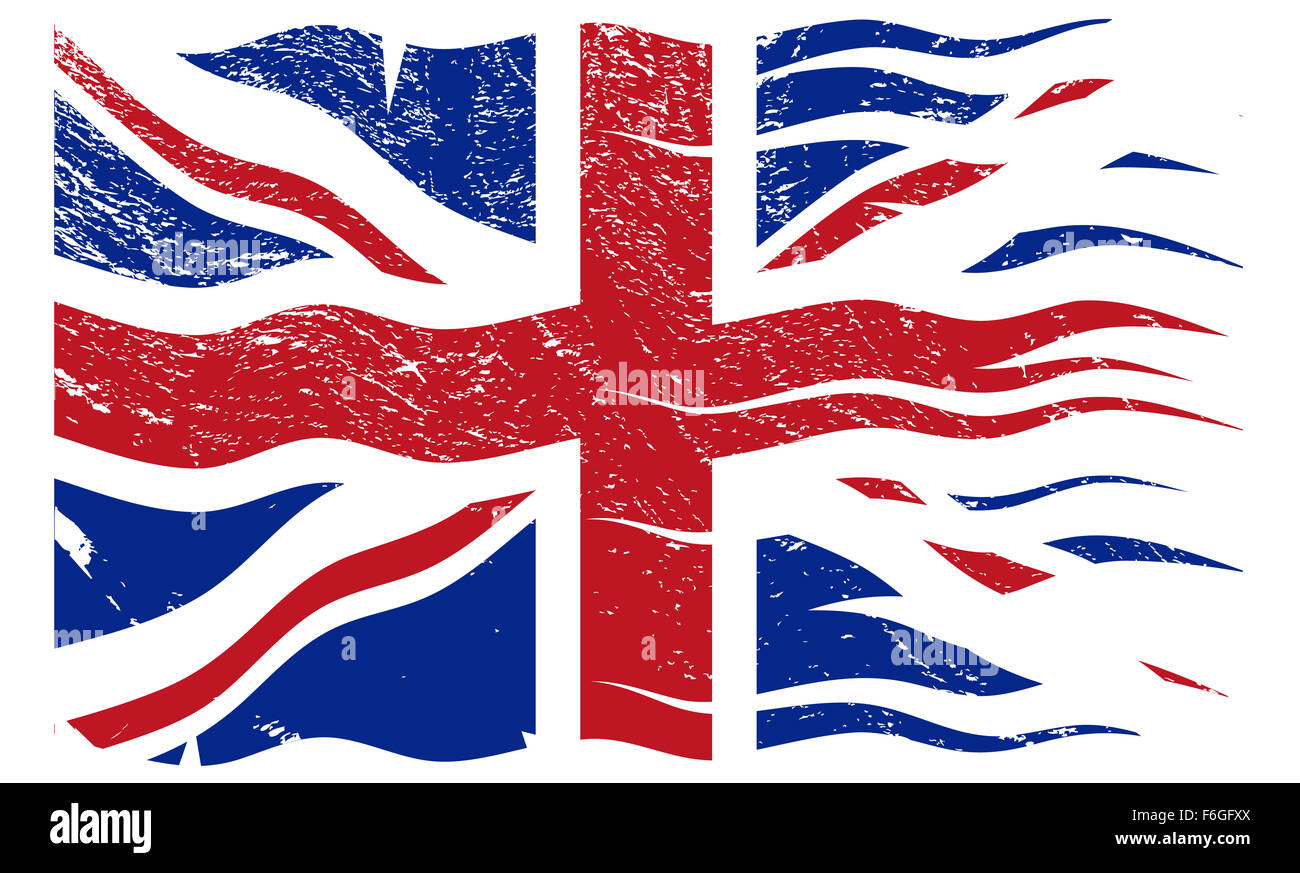 Eine wellige, zerrissen und grunged UK Flaggendesign isoliert auf weißem Hintergrund Stockfoto