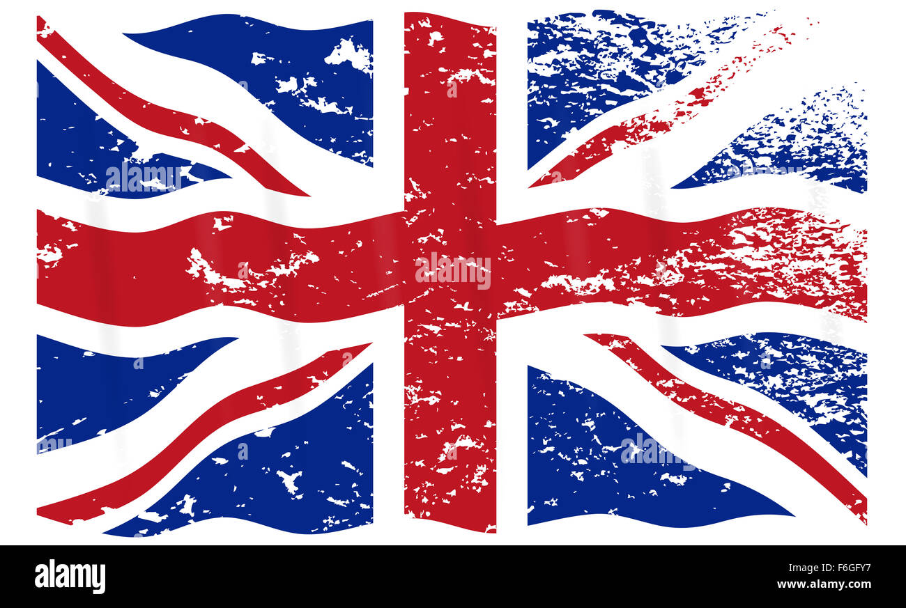 Ein wellig und grunged UK Flaggendesign isoliert auf weißem Hintergrund Stockfoto