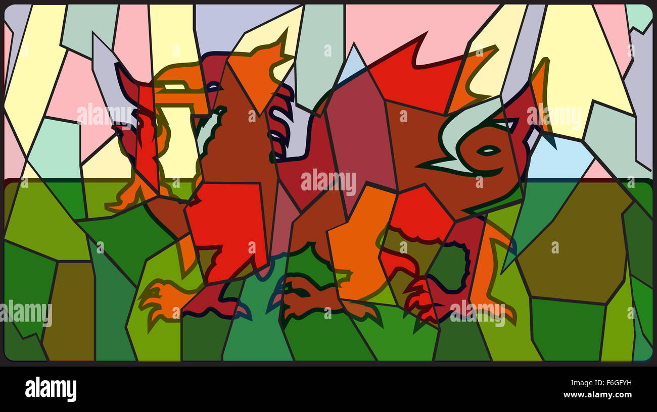 A Welsh Flagge auf einem Buntglas-Fenster-Design Stockfoto