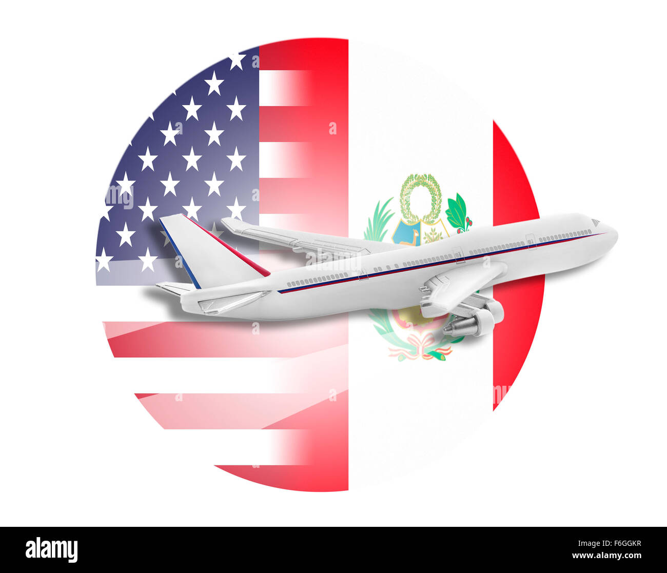 Flugzeug, USA und Peru Fahnen. Stockfoto
