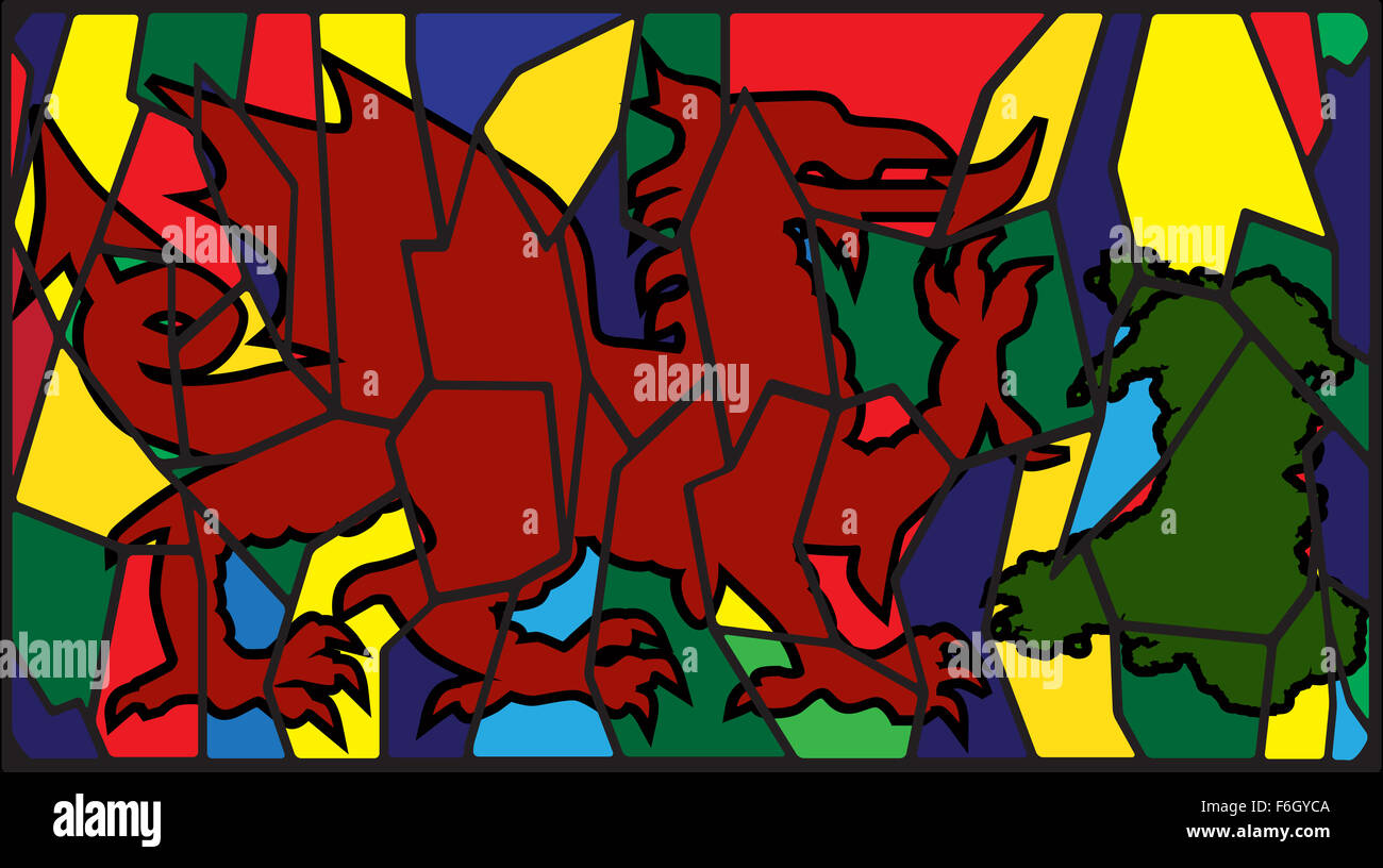 Ein Waliser Drache auf Buntglas-Fenster-design Stockfoto