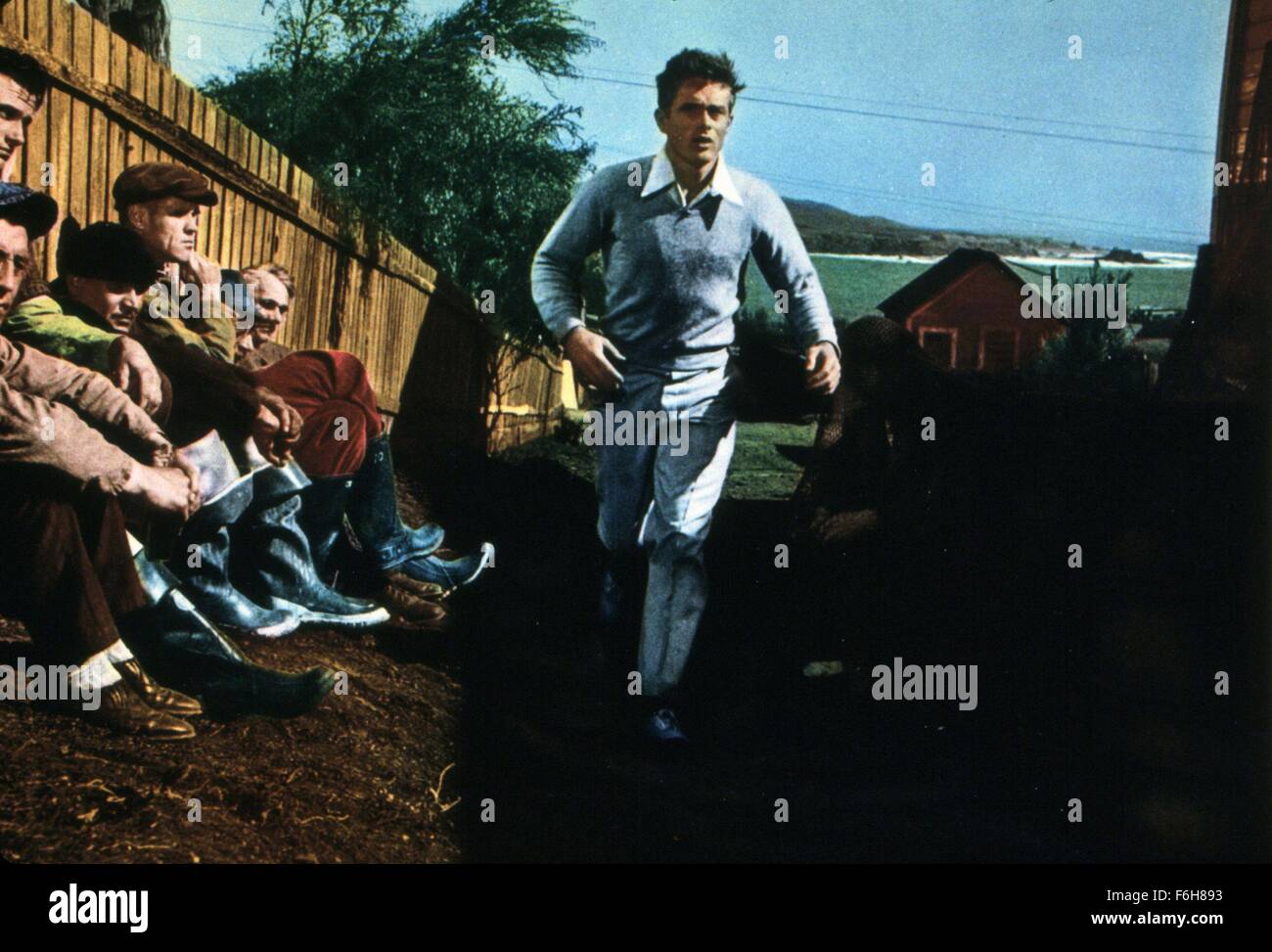 1955 Filmtitel Jenseits Von Eden Regisseur Elia Kazan Studio Warner Im Bild James Dean Fassade Zaun Gruppe Manner Laufen Blaues Hemd Sitzen Bild Kredit Snap Stockfotografie Alamy