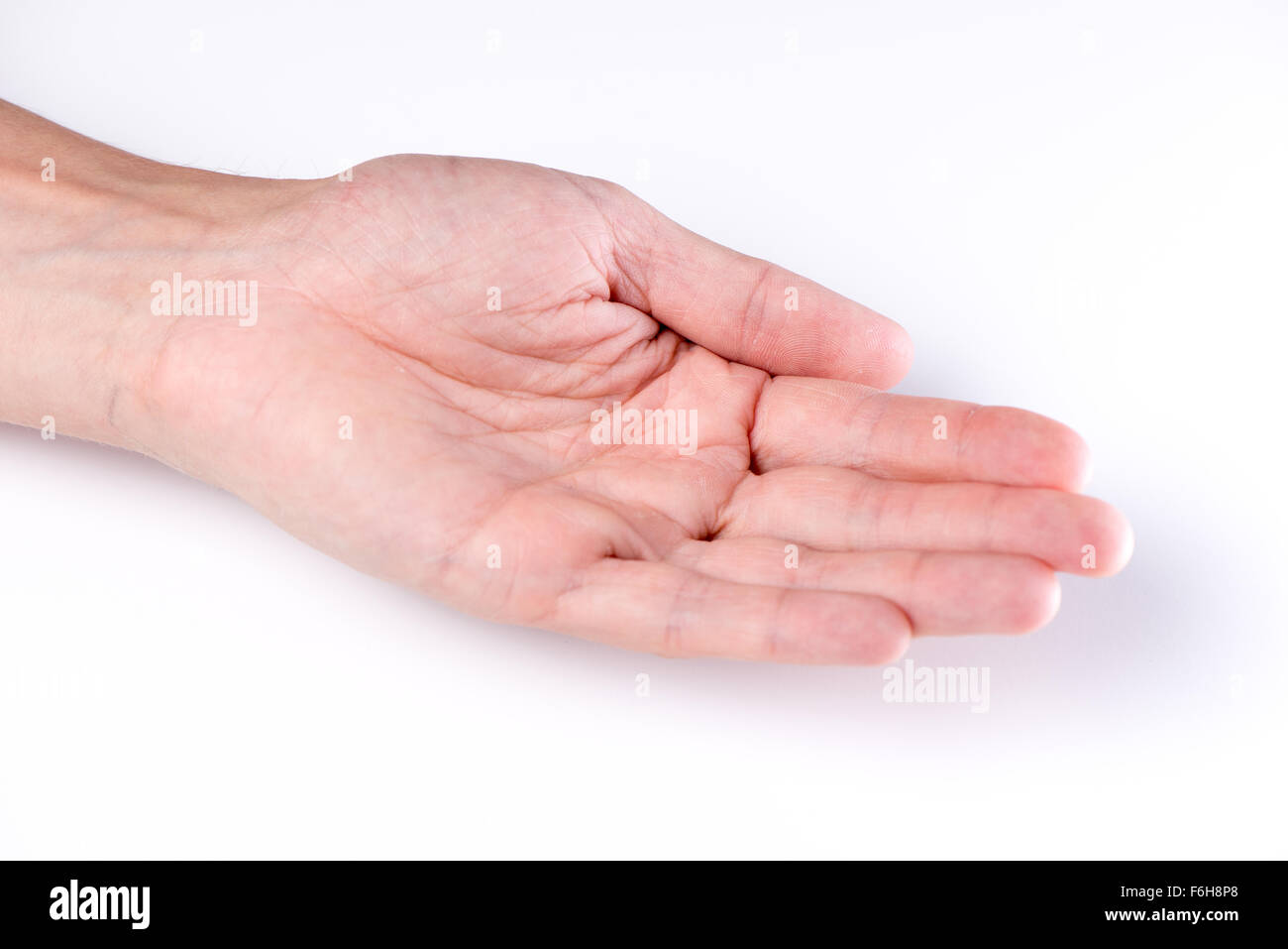 Eine offene bittende Hand für den Empfang auf einem weißen Hintergrund Stockfoto