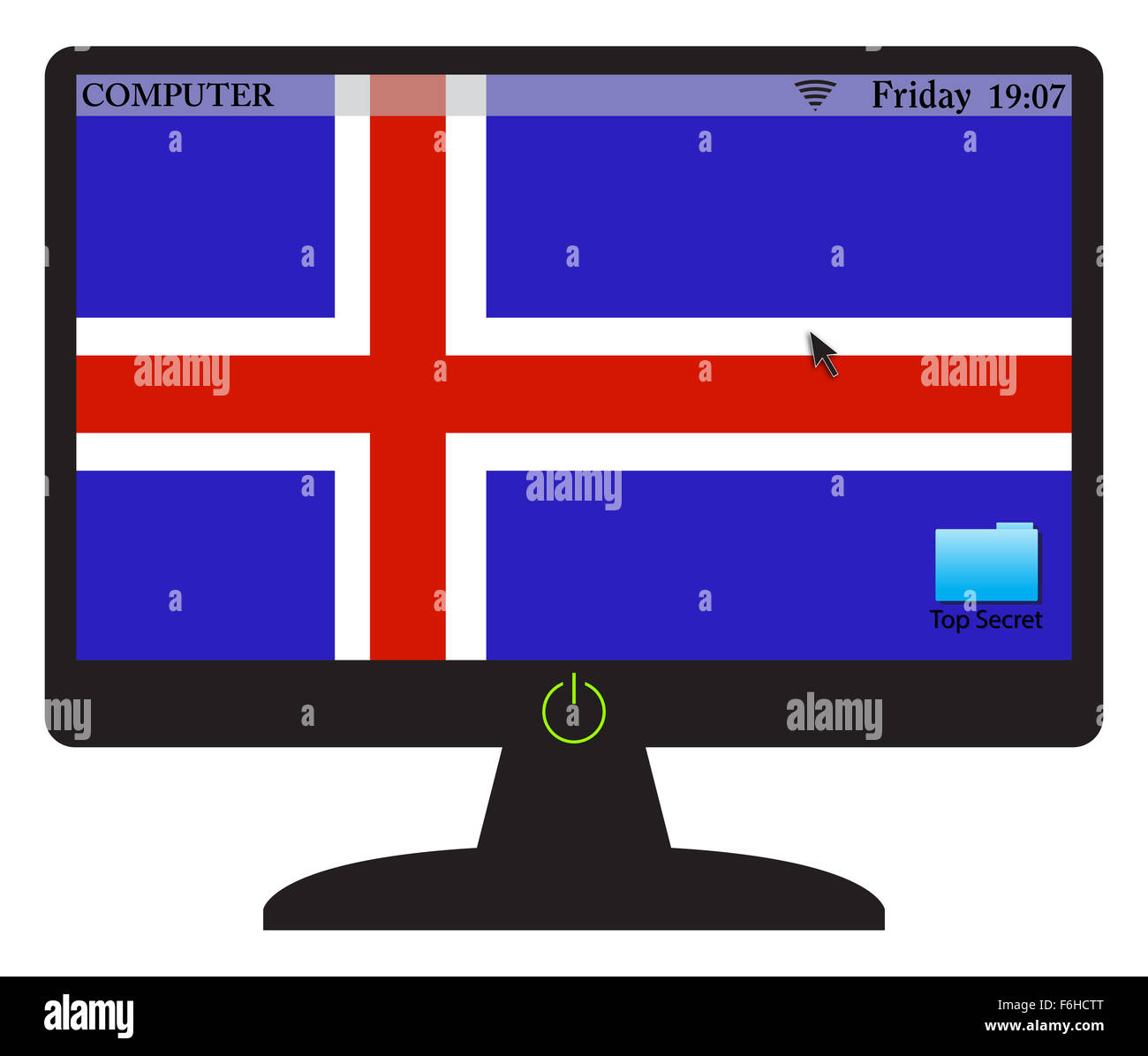 Eine Island-Computer-Bildschirm mit einer on-Taste isoliert auf weißem Hintergrund Stockfoto