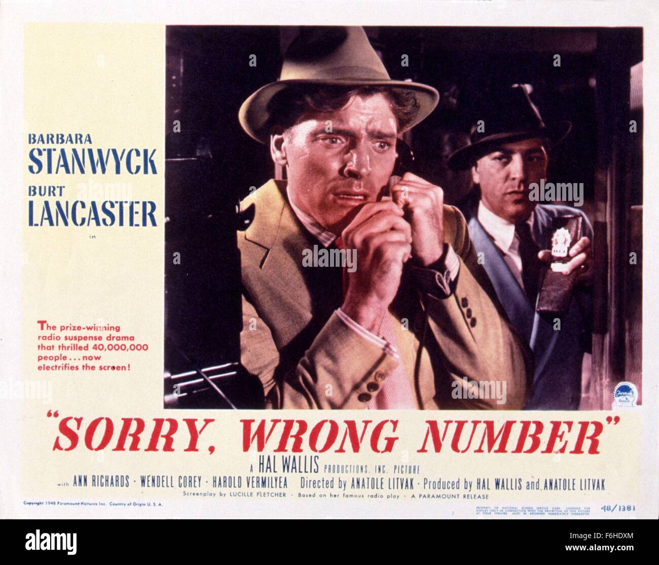 1948, Filmtitel: SORRY, falsche Nummer, Regie: ANATOLE LITVAK, Studio: PARAMOUNT, im Bild: FILM NOIR, BURT LANCASTER, ANATOLE LITVAK, Mord (Verschwörung), THRILLER, Frauen (IN Gefahr). (Bild Kredit: SNAP) Stockfoto