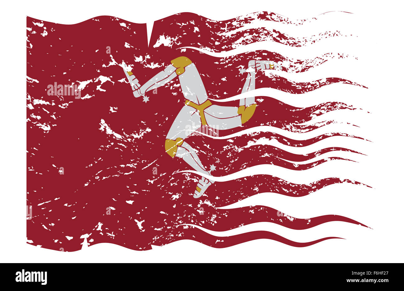 Eine wellig und grunged Isle Of Man-Flaggendesign isoliert auf weißem Hintergrund Stockfoto