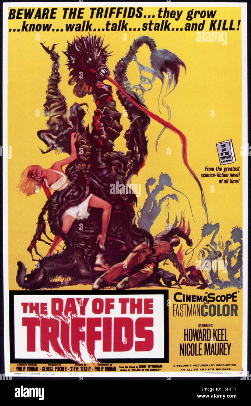 1963, Filmtitel: Tag des TRIFFIDS, Regisseur: STEVE SEKELY, Studio: ALLIED ARTISTS, abgebildet: töten, seine & ALIENS! DINGE, SCI-FI, HORROR, MONSTER, ANGREIFEN, PLAKATKUNST. (Bild Kredit: SNAP) Stockfoto