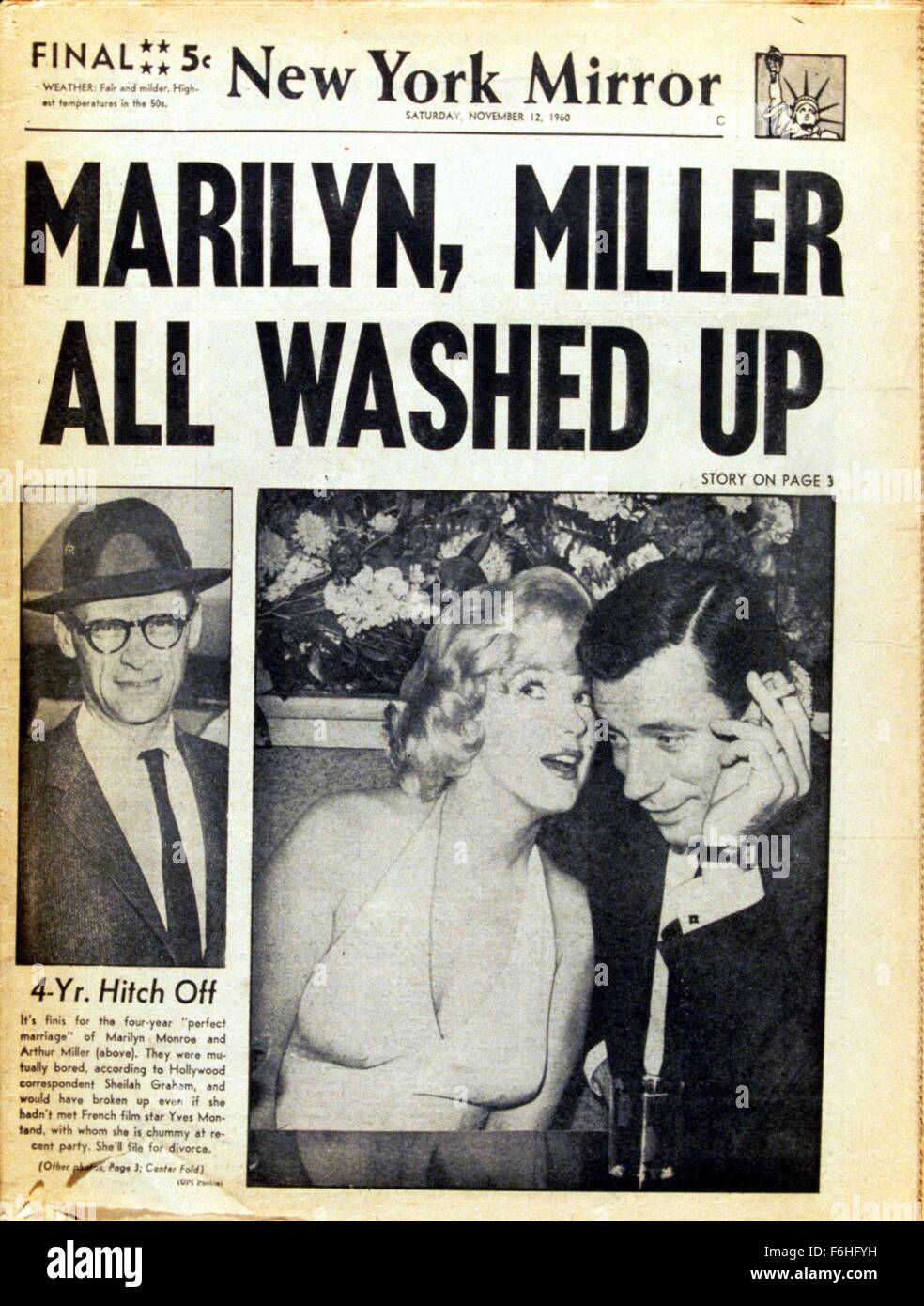 1960, Filmtitel: NEW YORK Spiegel, Bild: MARILYN MONROE, AUFZUBRECHEN, Zeitung, HEADLINE, paar, Scheidung. (Bild Kredit: SNAP) Stockfoto