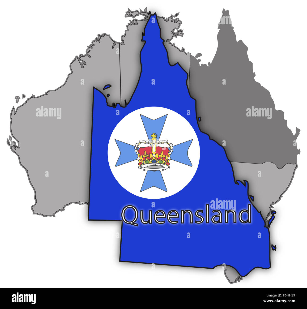 Queensland Karte und Dichtung auf Australien isoliert auf weißem Hintergrund Stockfoto