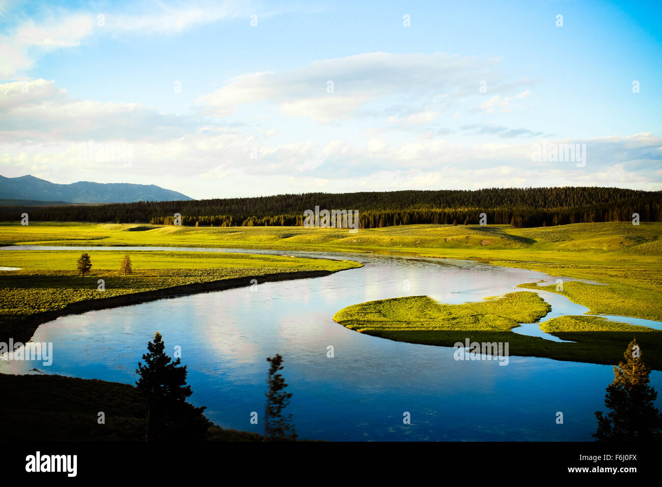 Schöne Fluss im Yellowstone Park, Utah Green Grass, blaues Wasser, blauer Himmel, wurde von einer öffentlichen Straße fotografiert. Stockfoto