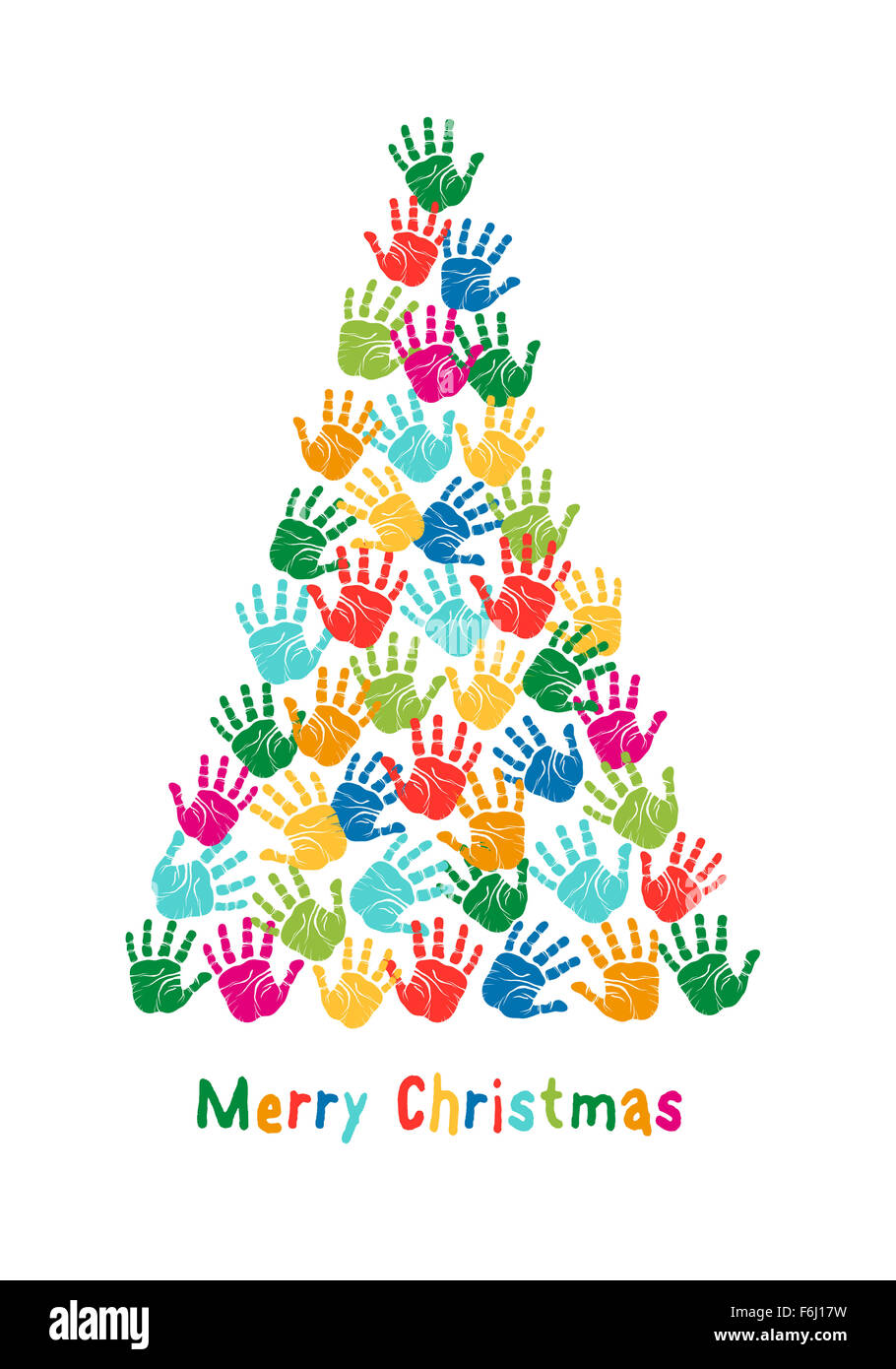 Bunte Weihnachtsbaum, Kinder Handabdrücke, Vektor-Illustration Stockfoto