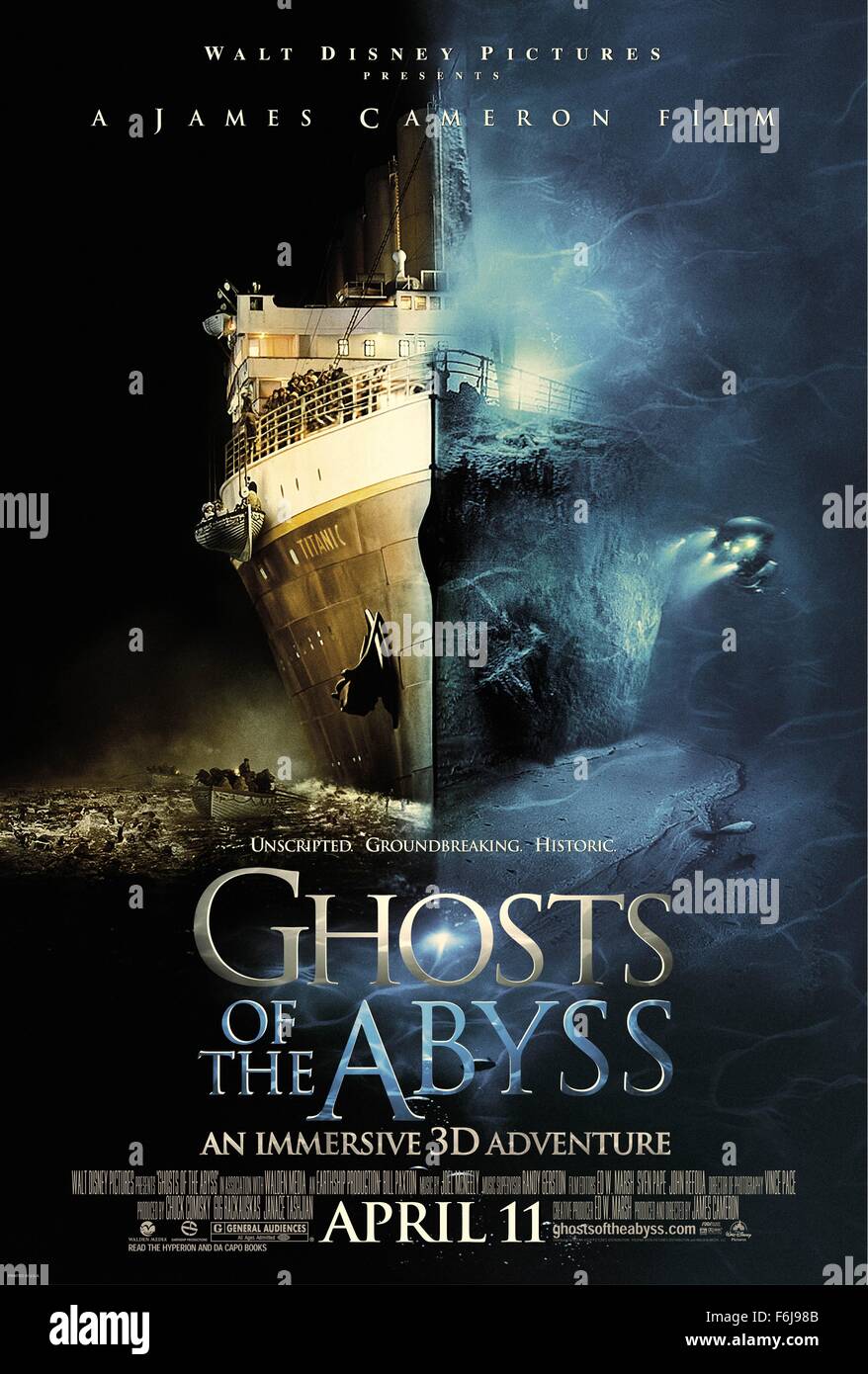 31. März 2003; Hollywood, Kalifornien, USA; Plakat für die Familie Dokumentation '' Ghosts of the Abyss'' unter der Regie von James Cameron. Stockfoto