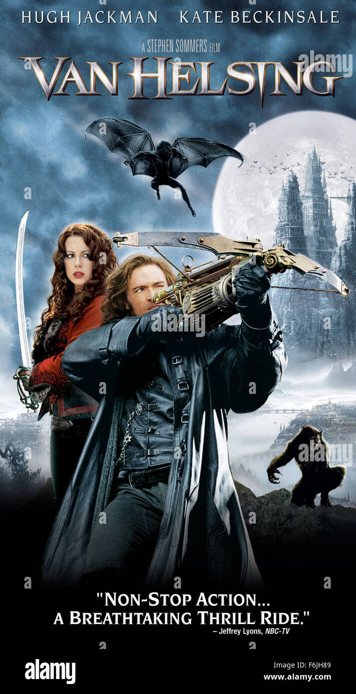 Erscheinungsdatum: 7. Mai 2004. FILMTITEL: Van Helsing. STUDIO: Universal Pictures. PLOT: Van Helsing ist in der Welt, alles Böse zu befreien, auch wenn nicht jeder mit ihm zustimmt. Der Vatikan schicken die Monsterjäger und sein Verbündeter, Carl nach Transsylvanien. Sie haben zu diesem Land geschickt, um die mächtigen Grafen Dracula zu stoppen. Während sie hier beitreten genannt Kräfte mit einem Zigeuner Prinzessin Anna Valerious, die entschlossen ist, um einen uralten Fluch auf ihre Familie zu beenden, durch die Zerstörung des Vampirs. Sie wissen nur nicht wie!. Bild: HUGH JACKMAN stars wie Van Helsing und KATE BECKINSALE als Anna Valerious. Stockfoto