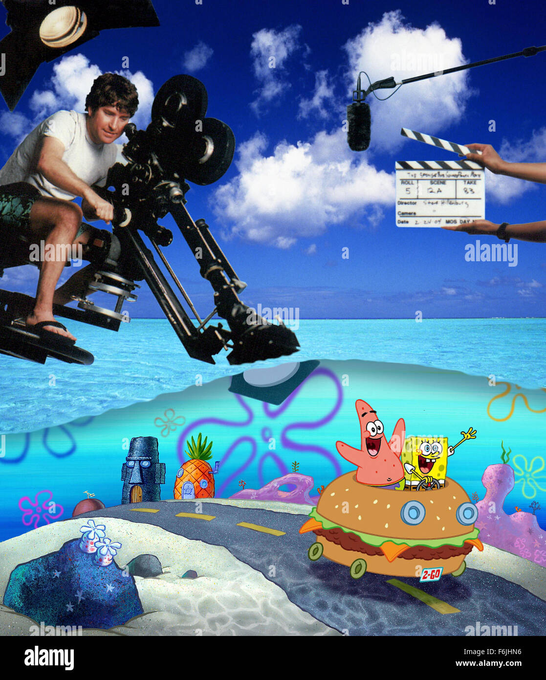 Datum der Freigabe: 19. November 2004. FILMTITEL: Spongebob Schwammkopf Film. STUDIO: Paramount Pictures. PLOT: Gibt es Probleme beim Brauen in Bikini Bottom. Hat jemand King Neptune Krone gestohlen, und sie sehen aus wie Mr Krab, SpongeBobs Chef, ist der Schuldige. Obwohl er nur für die Förderung seiner Träume übergangen worden ist, SpongeBob steht von seinem Chef, und zusammen mit seinem besten Kumpel Patrick, begibt sich auf eine verräterische Mission nach Shell City Krone zurückerobern und Mr Krab Leben retten. Bild: STEPHEN HILLENBURG am Set. Stockfoto