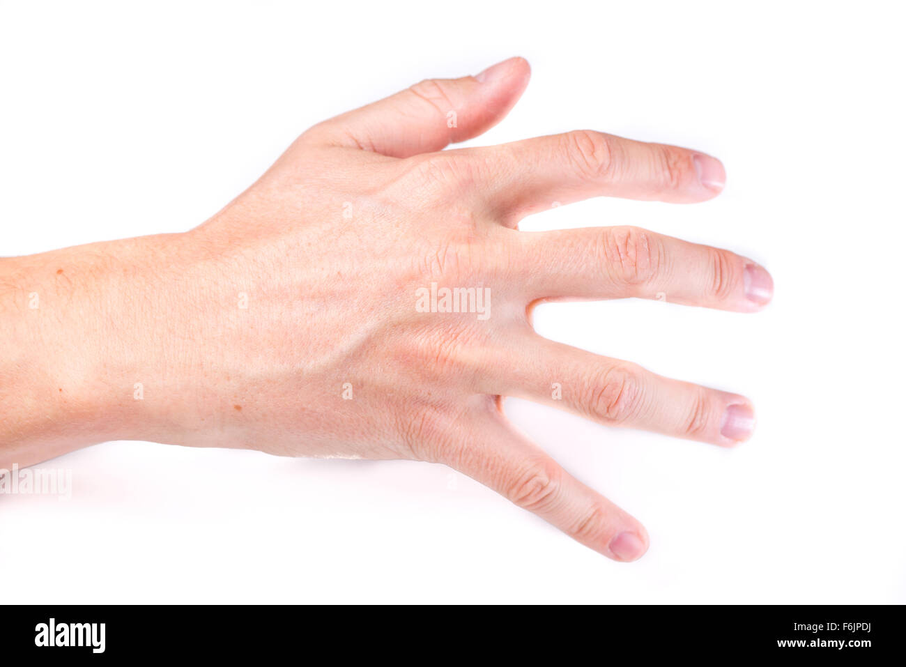 Eine Hand mit offenen Fingern greifen leere auf weißem Hintergrund Stockfoto