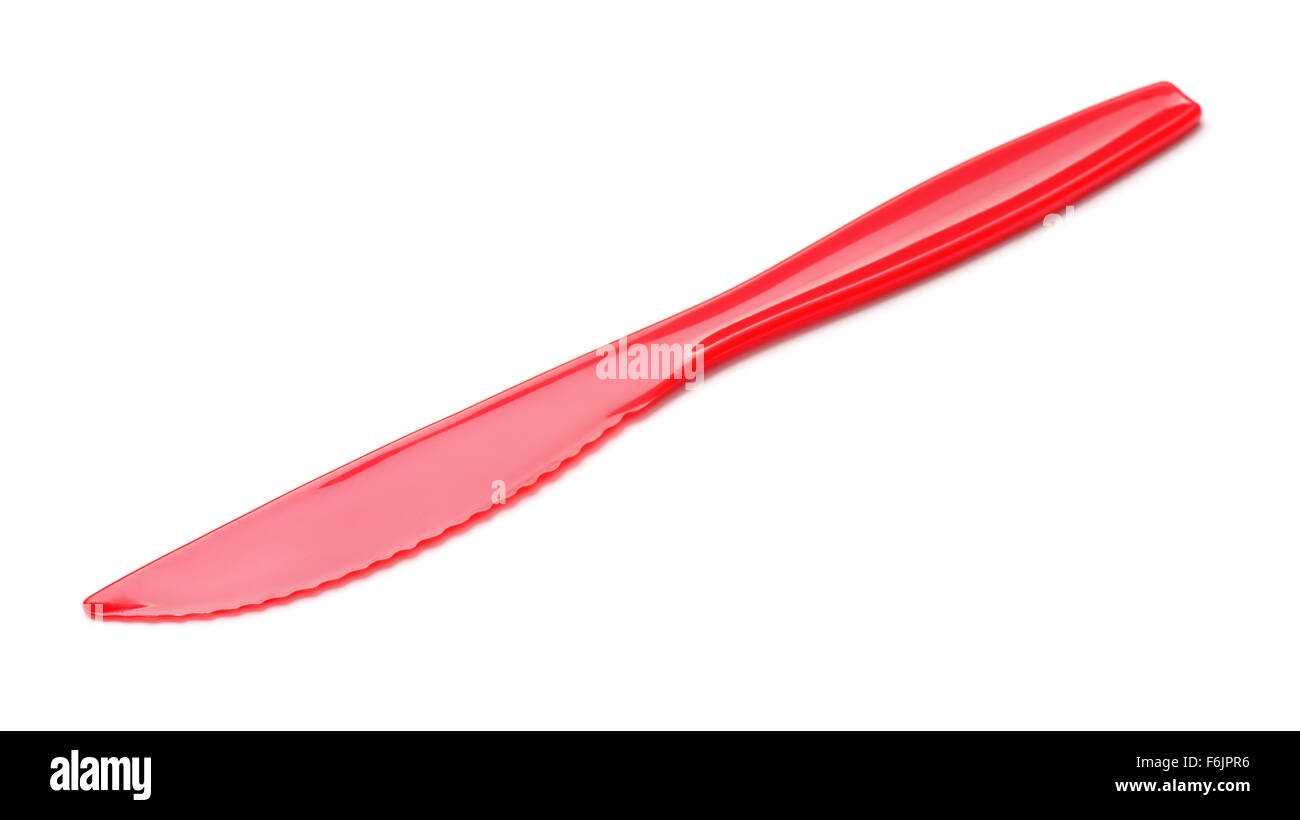 Kunststoff rot Einweg-Picknick-Messer isoliert auf weiss Stockfoto