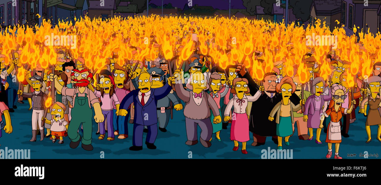 Erscheinungsdatum: 27. Juli 2007. FILMTITEL: Die Simpsons – der Film - STUDIO: Akom Produktionsfirma ORIGINALGRAFIKEN von: Matt Groening. PLOT: Nachdem Homer versehentlich die Stadt Wasserversorgung verschmutzt, Springfield ist umhüllt von einer gigantischen Kuppel von der EPA und der Simpsons-Familie werden Flüchtlinge deklariert. Bild: Die gesamte Stadt Springfield D verwandelt sich in einen wütenden Mob D macht seinen Weg auf die Simpson Haushalt, um Rache zu üben für eine Katastrophe ausgelöst durch Homers Epos Dummheit. Stockfoto