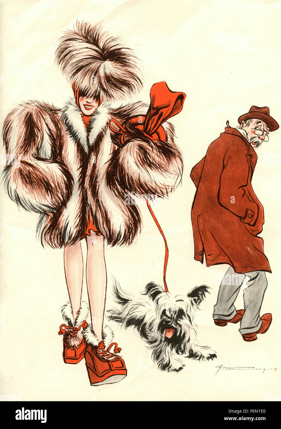 Deutschen satirischen Illustrationen 1950: eine Frau mit einem Hund Stockfoto