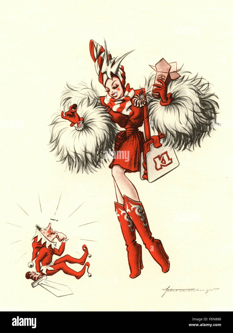 Deutschen satirischen Illustrationen 1950: eine Frau mit einer Elfe Stockfoto